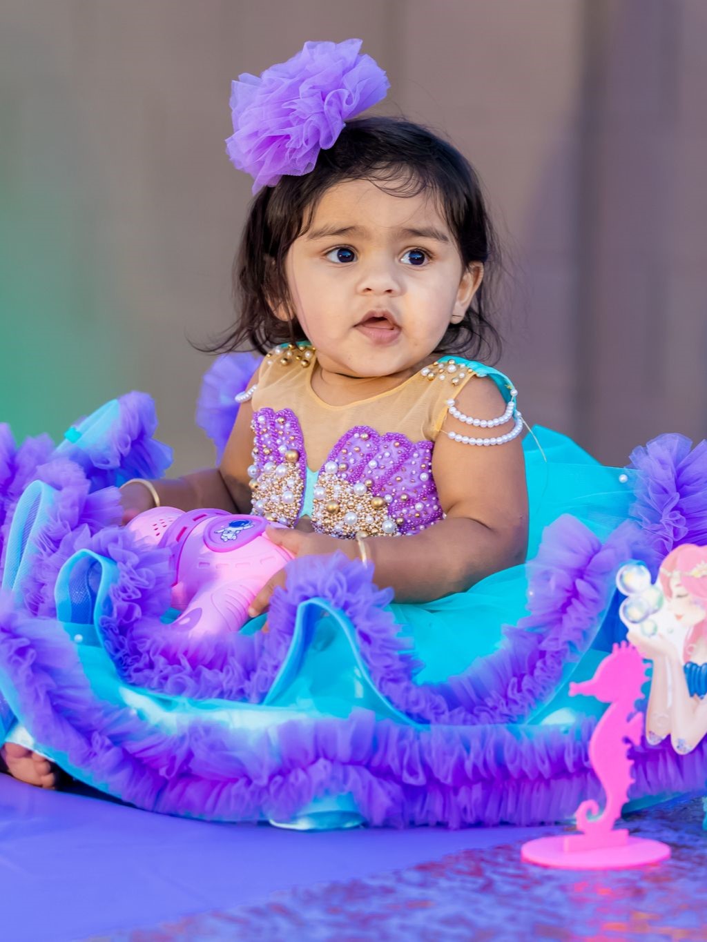 Turquoise And Lavender Mermaid Gown With Ruffle Layers