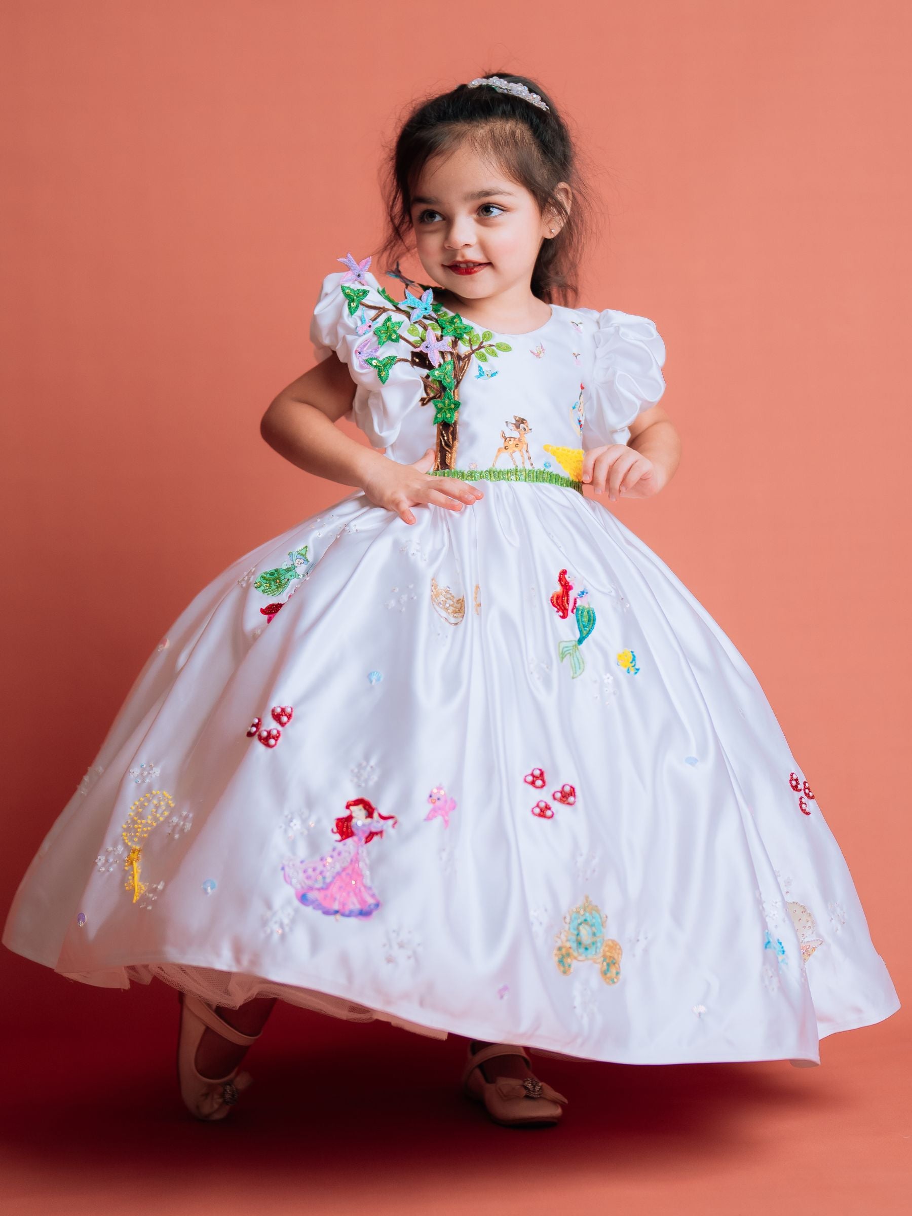 DISNEY BALL GOWN WITH HAMD EMBROIDERED CHARACTERS