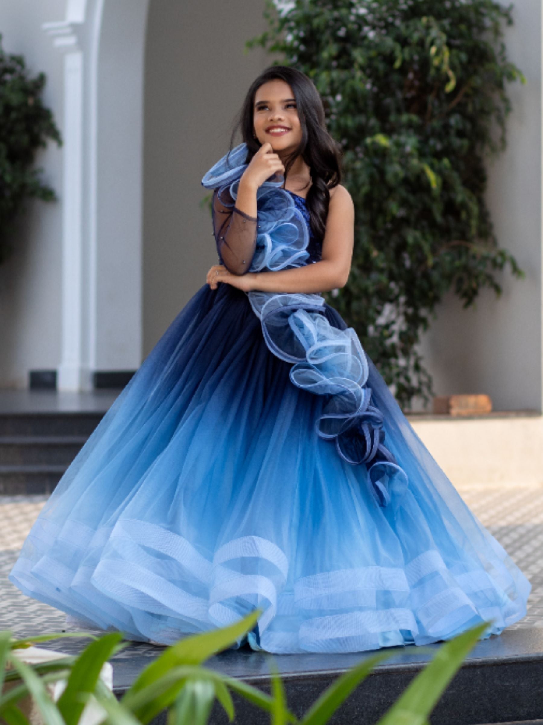 BLUE OMBRE BALL GOWN WITH ONESIDE RUFFLE
