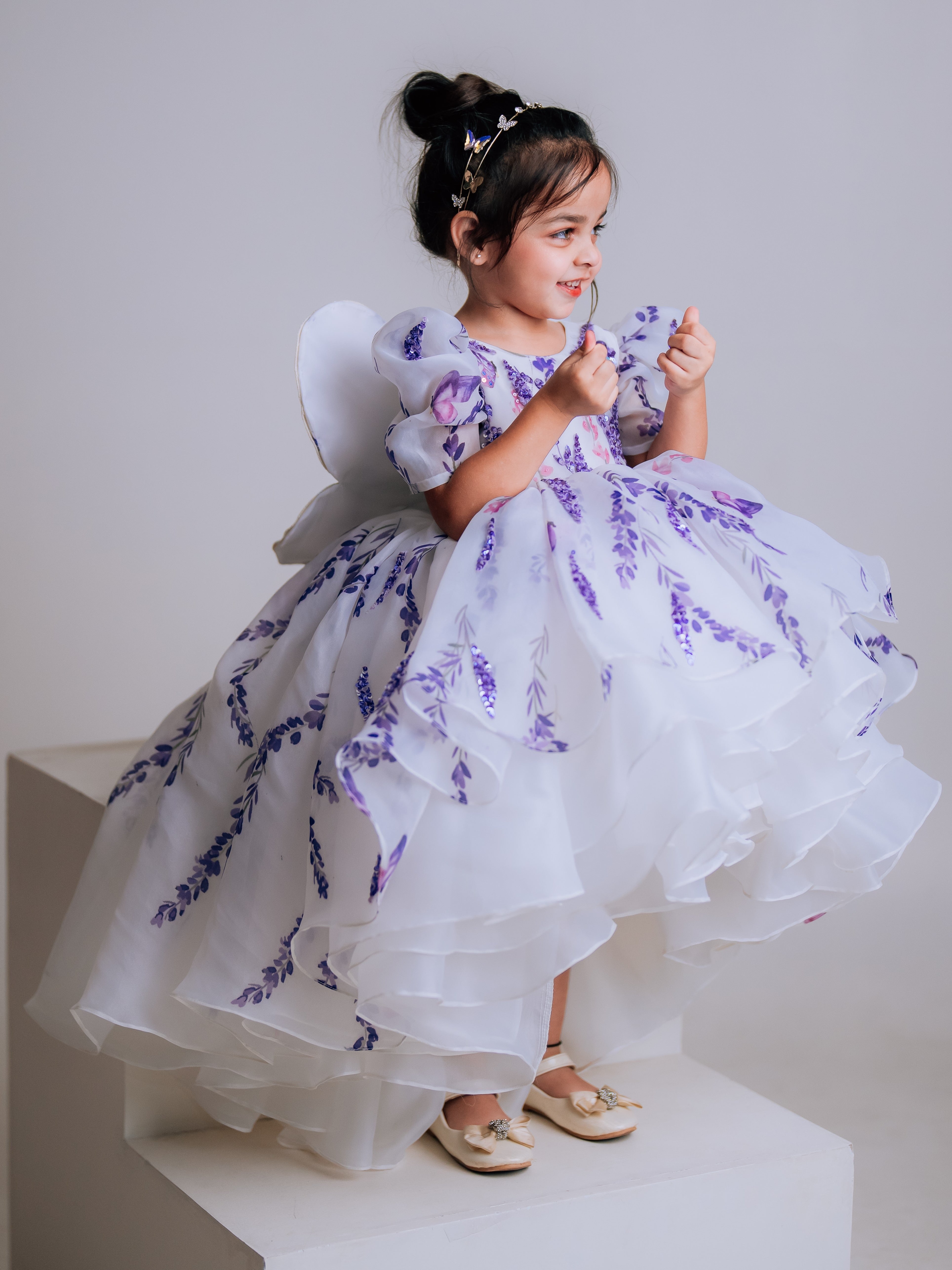 PRINTED ORGANZA LAYERED HIGH LOW GOWN WITH EMBROIDERED BUTTERFLY