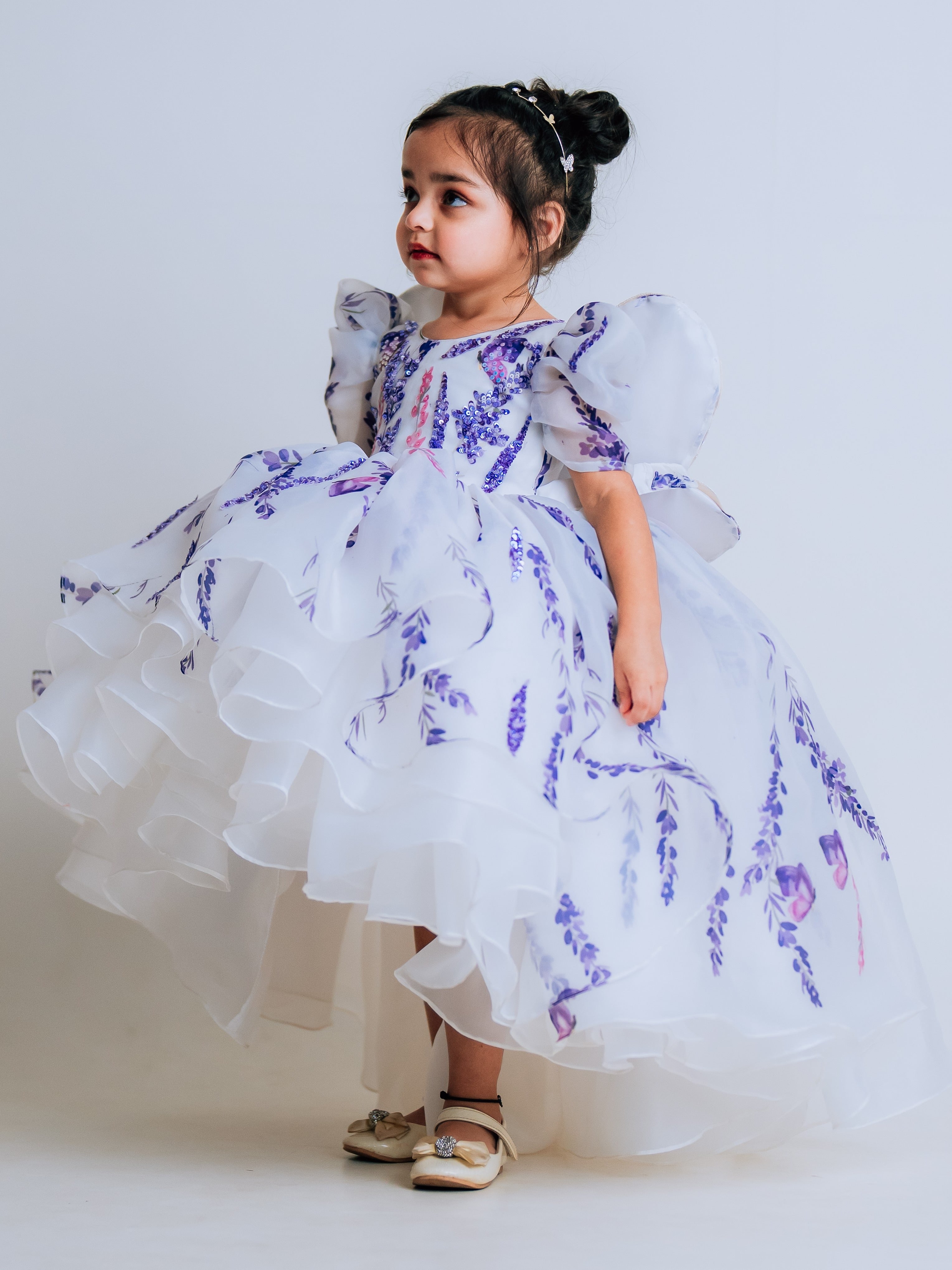 PRINTED ORGANZA LAYERED HIGH LOW GOWN WITH EMBROIDERED BUTTERFLY