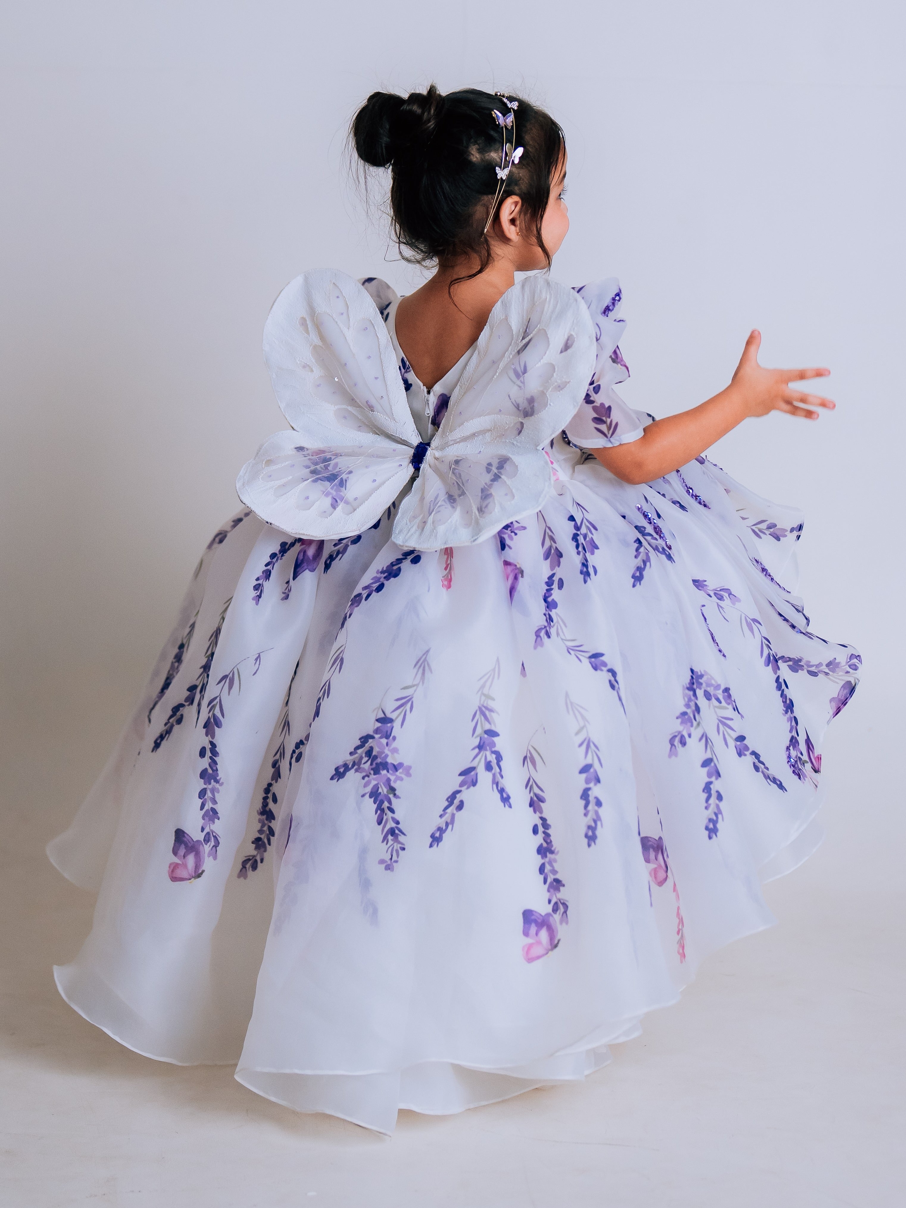 PRINTED ORGANZA LAYERED HIGH LOW GOWN WITH EMBROIDERED BUTTERFLY