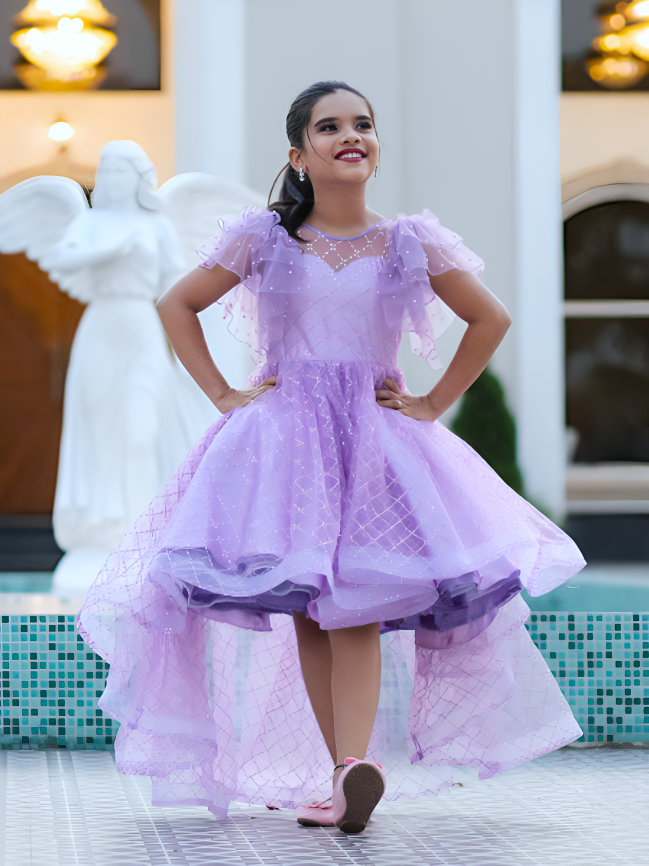 Lavender sequin High low gown with ruffle sleeves