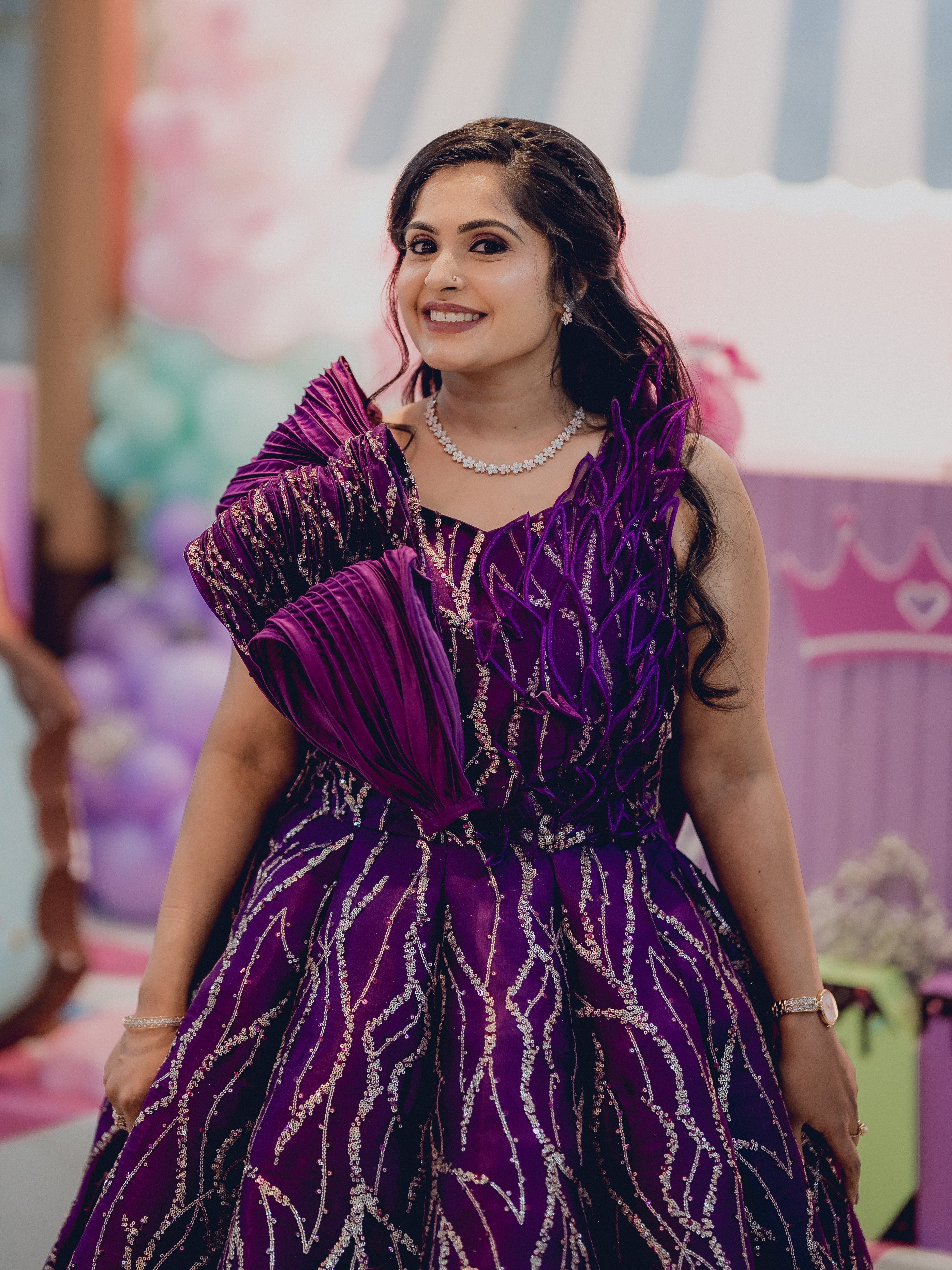 Wine Structured Shaded Panel Ball Gown with Embossing Bows and Hand Embroidered Petals