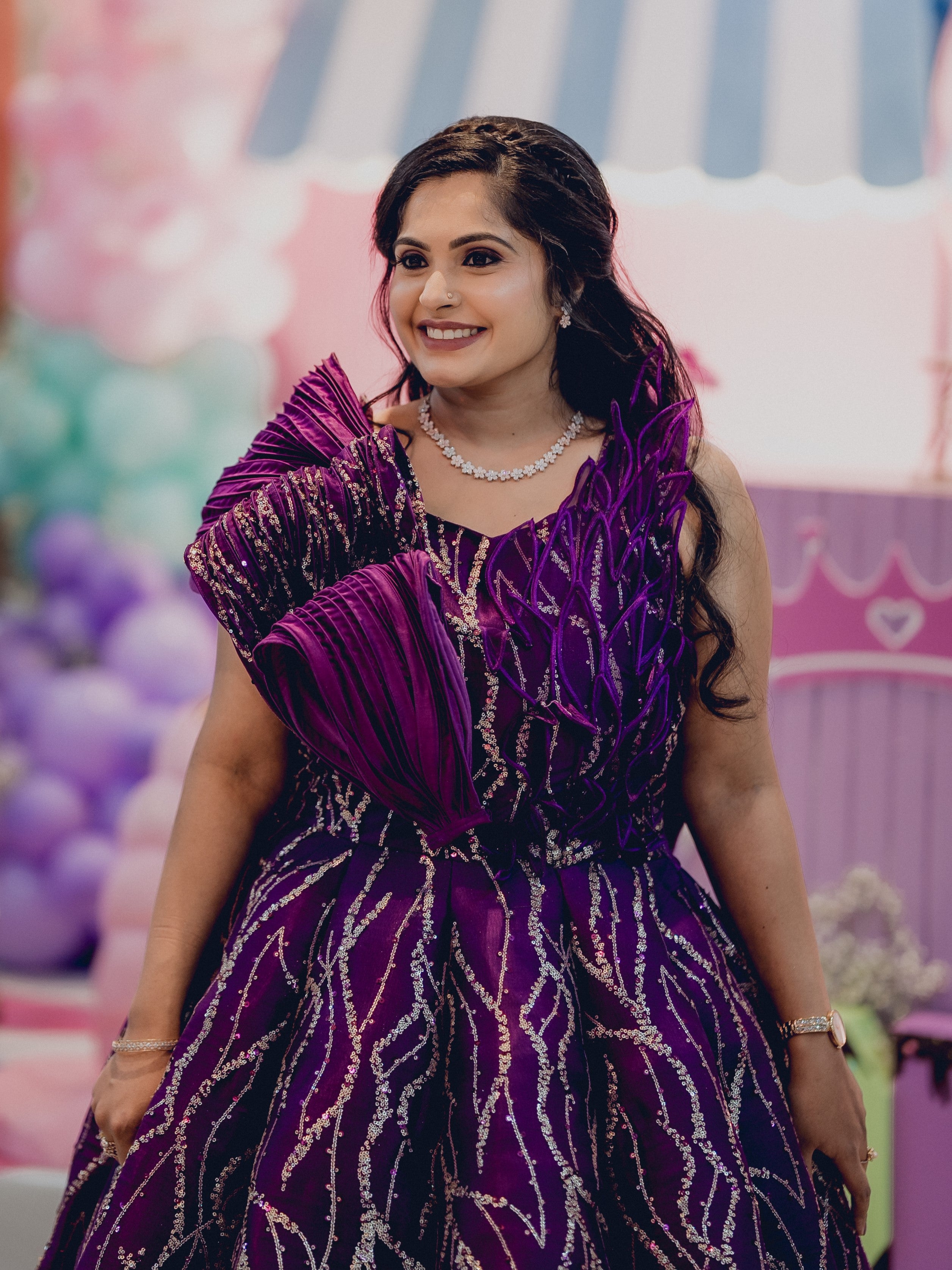 Wine Structured Shaded Panel Ball Gown with Embossing Bows and Hand Embroidered Petals