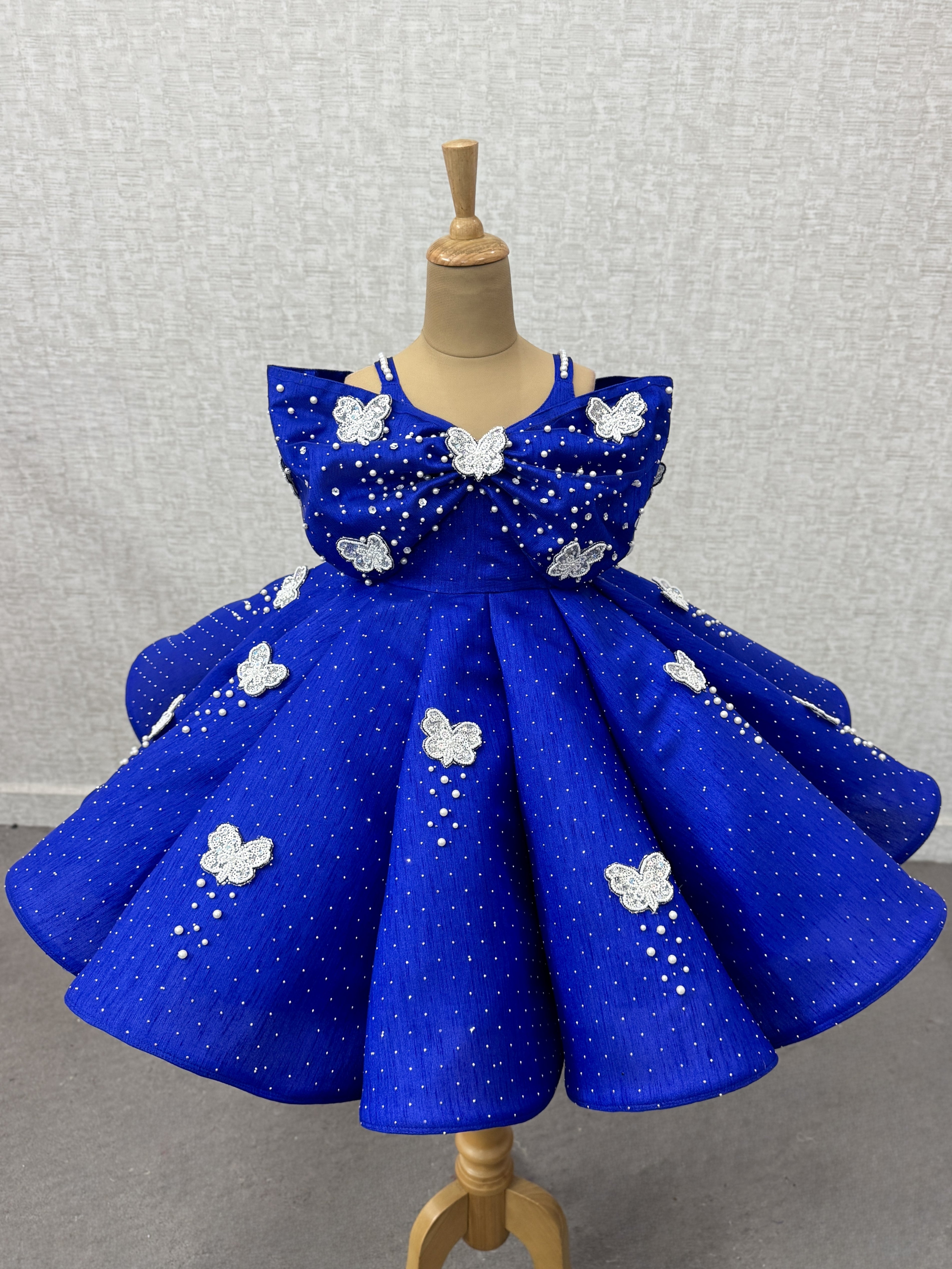 Royal Sapphire Butterfly Pearl-Studded Silk-Textured Party Princess Ball Gown