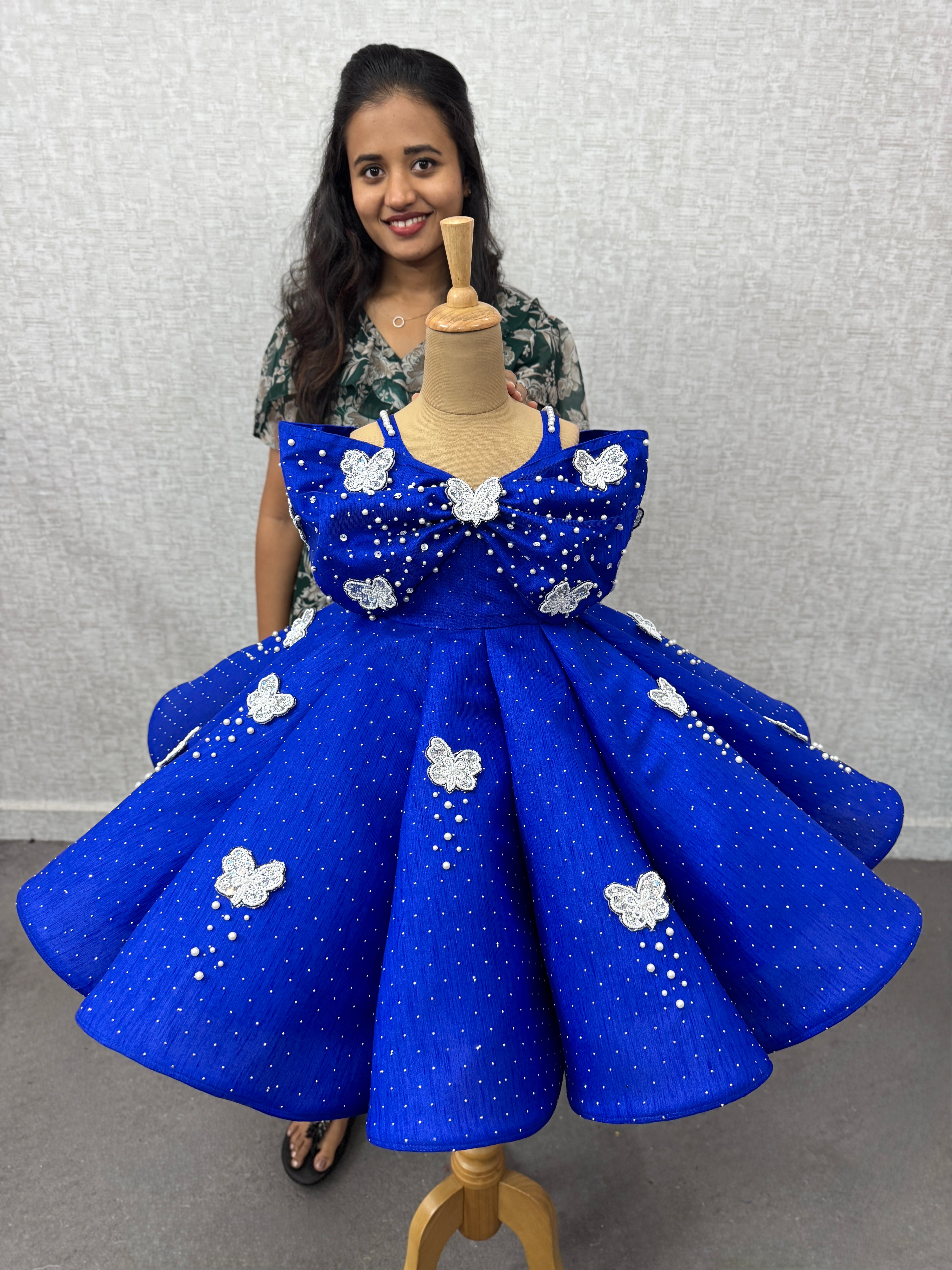 Royal Sapphire Butterfly Pearl-Studded Silk-Textured Party Princess Ball Gown