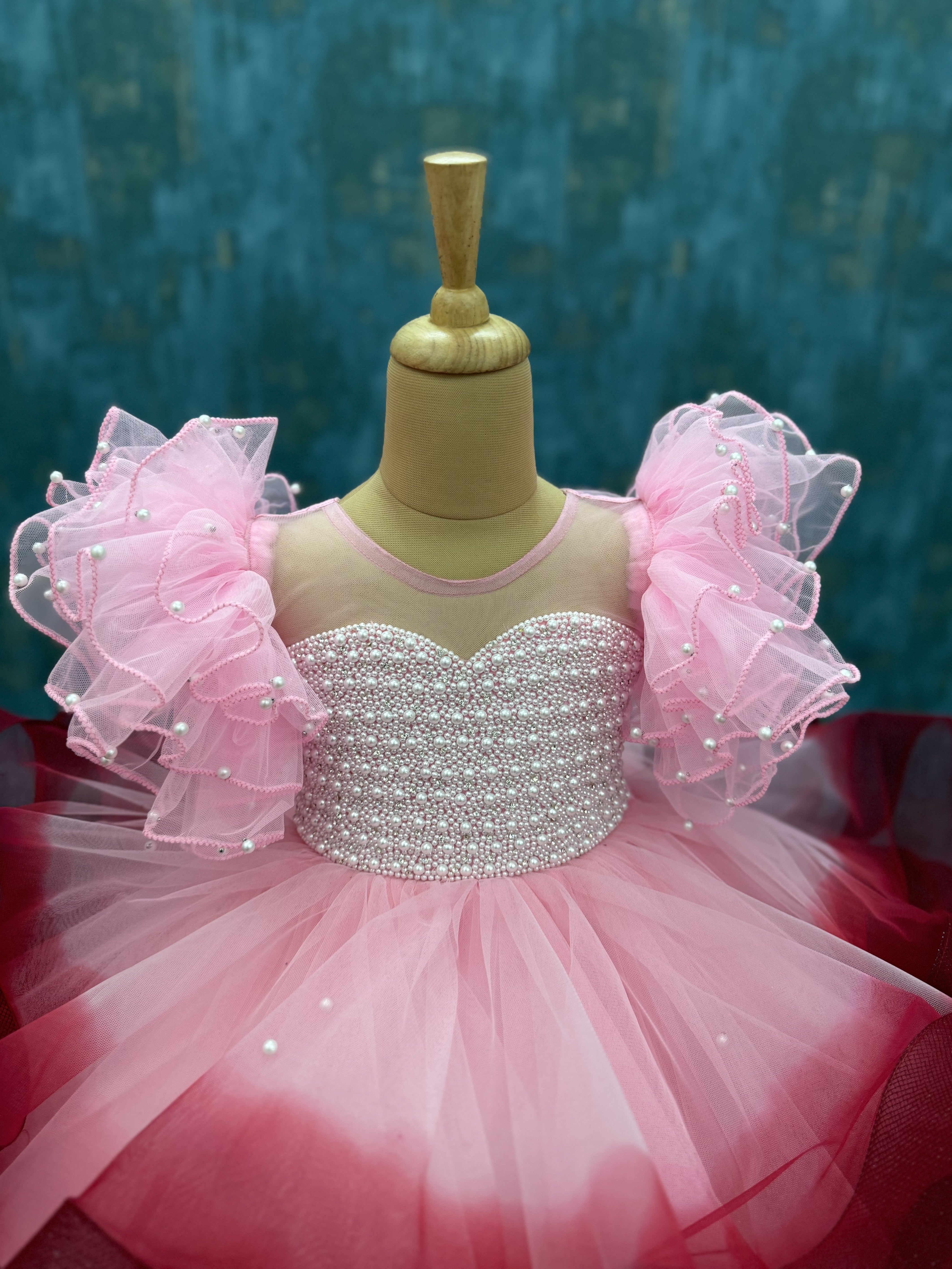 Enchanted Pink and Maroon – Fairy ruffle Ball Gown With intricate pearl work
