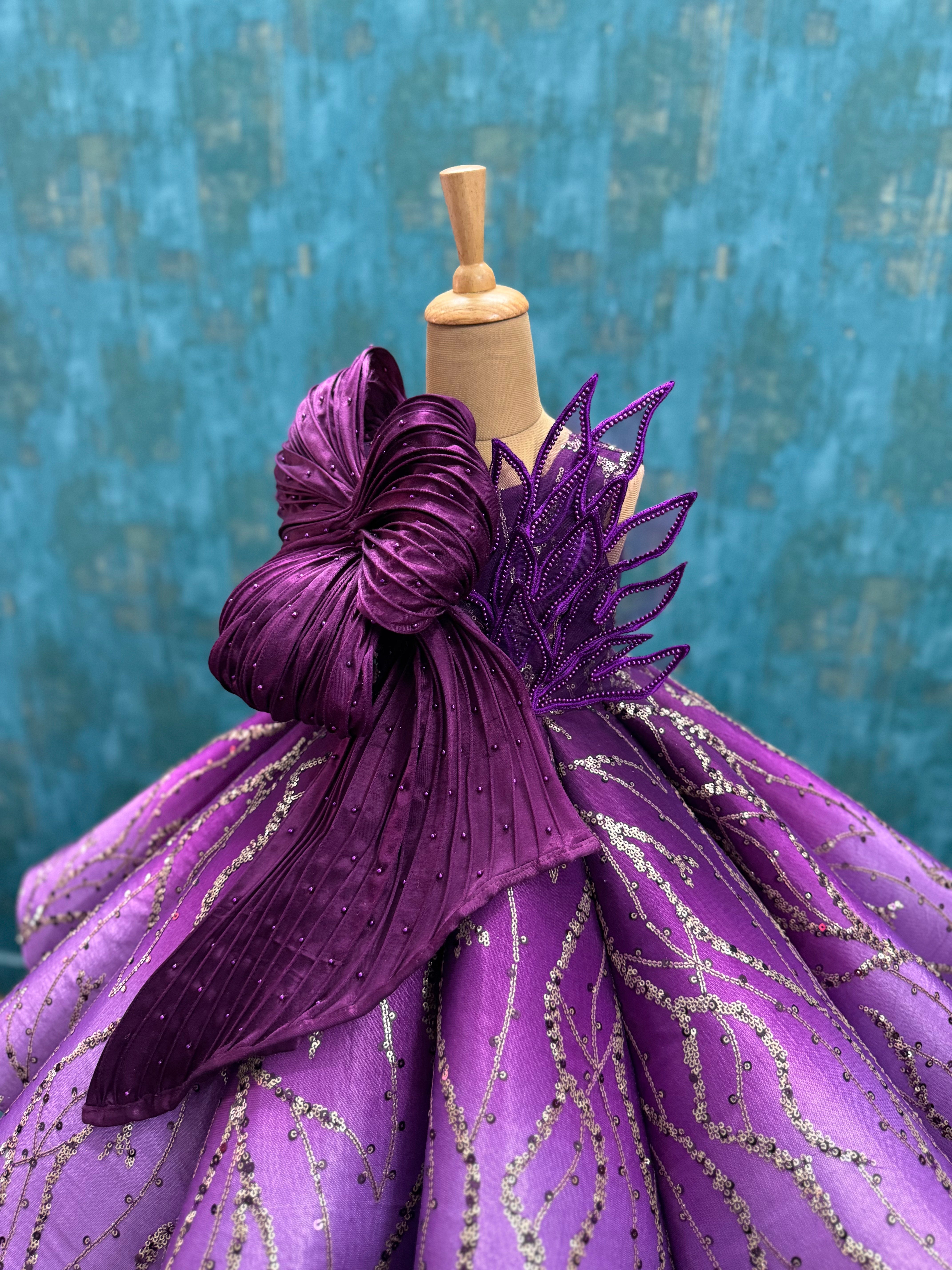 Wine Ombre Structure Panel Ball Gown With Intricate Top Work