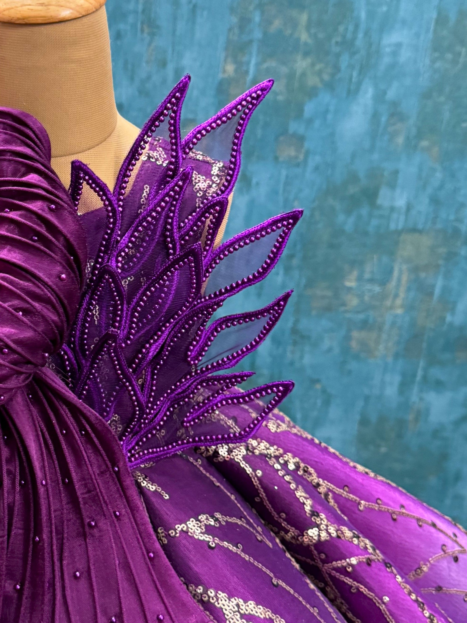 Wine Ombre Structure Panel Ball Gown With Intricate Top Work