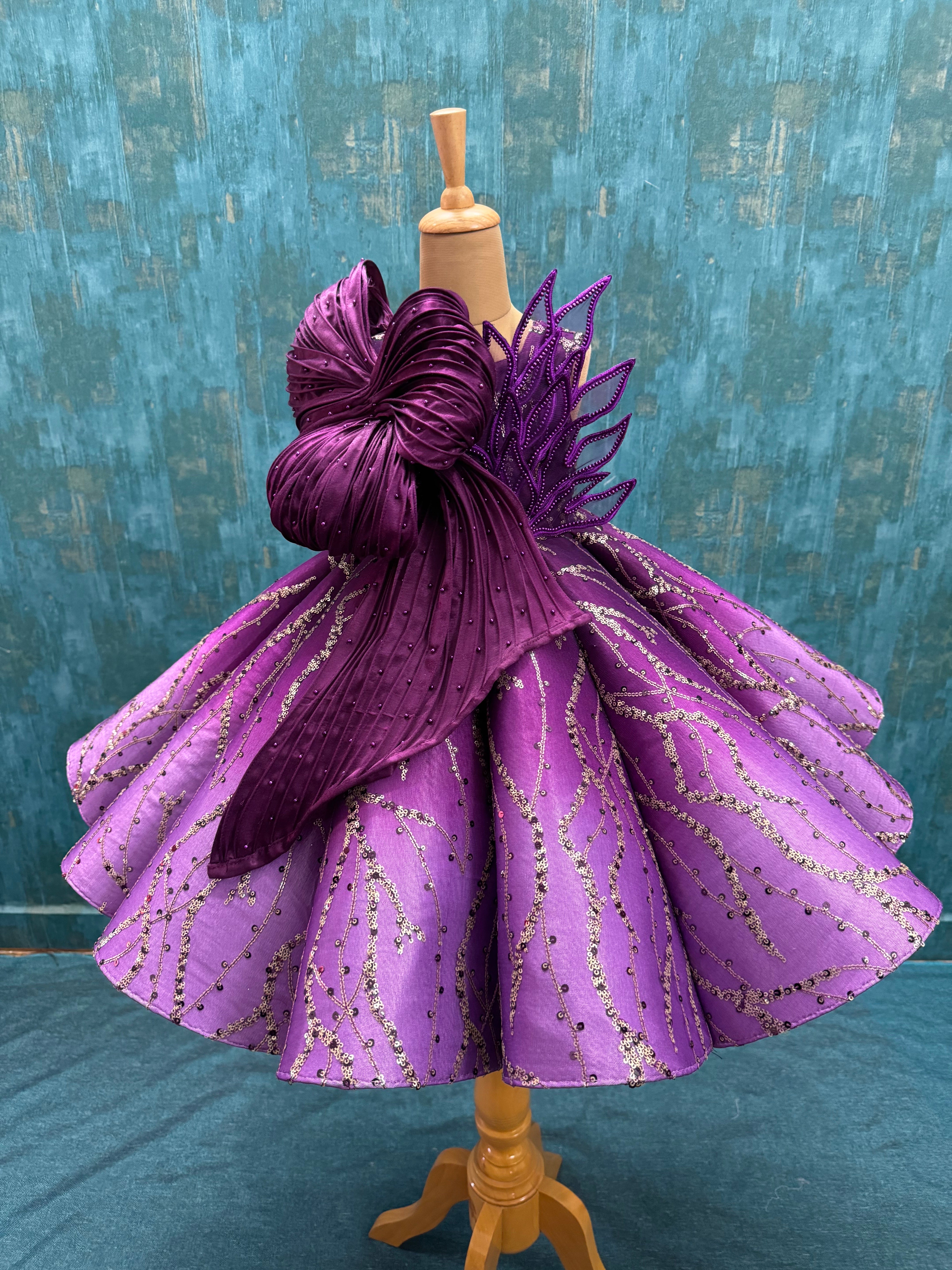 Wine Ombre Structure Panel Ball Gown With Intricate Top Work