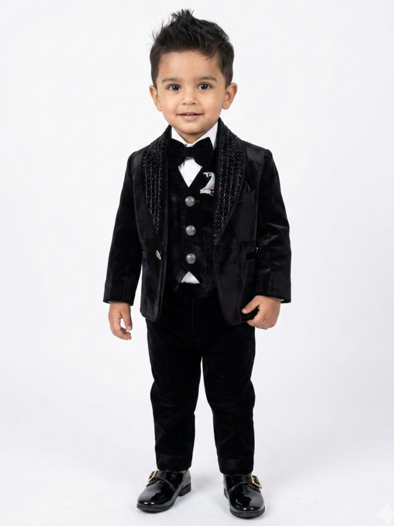 Royal Black Velvet Hand-Embroidered Blazer with Your Little One’s Name