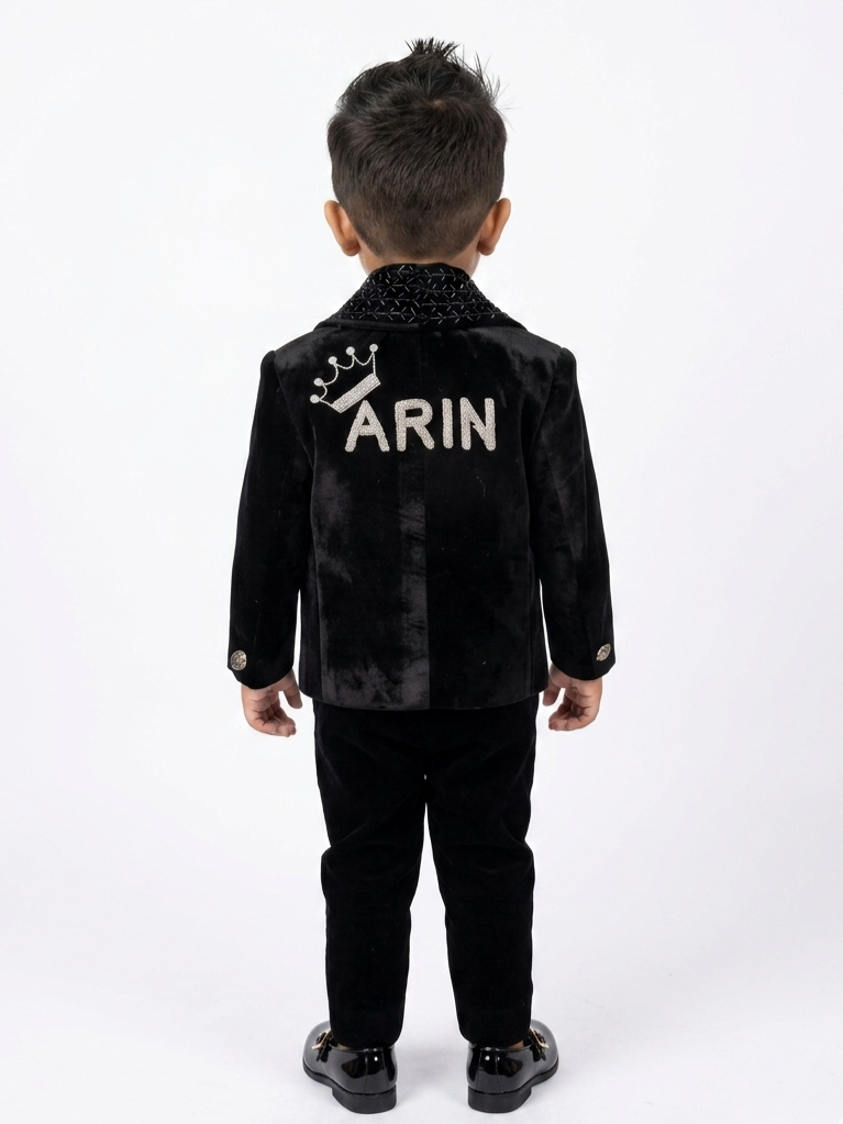 Royal Black Velvet Hand-Embroidered Blazer with Your Little One’s Name