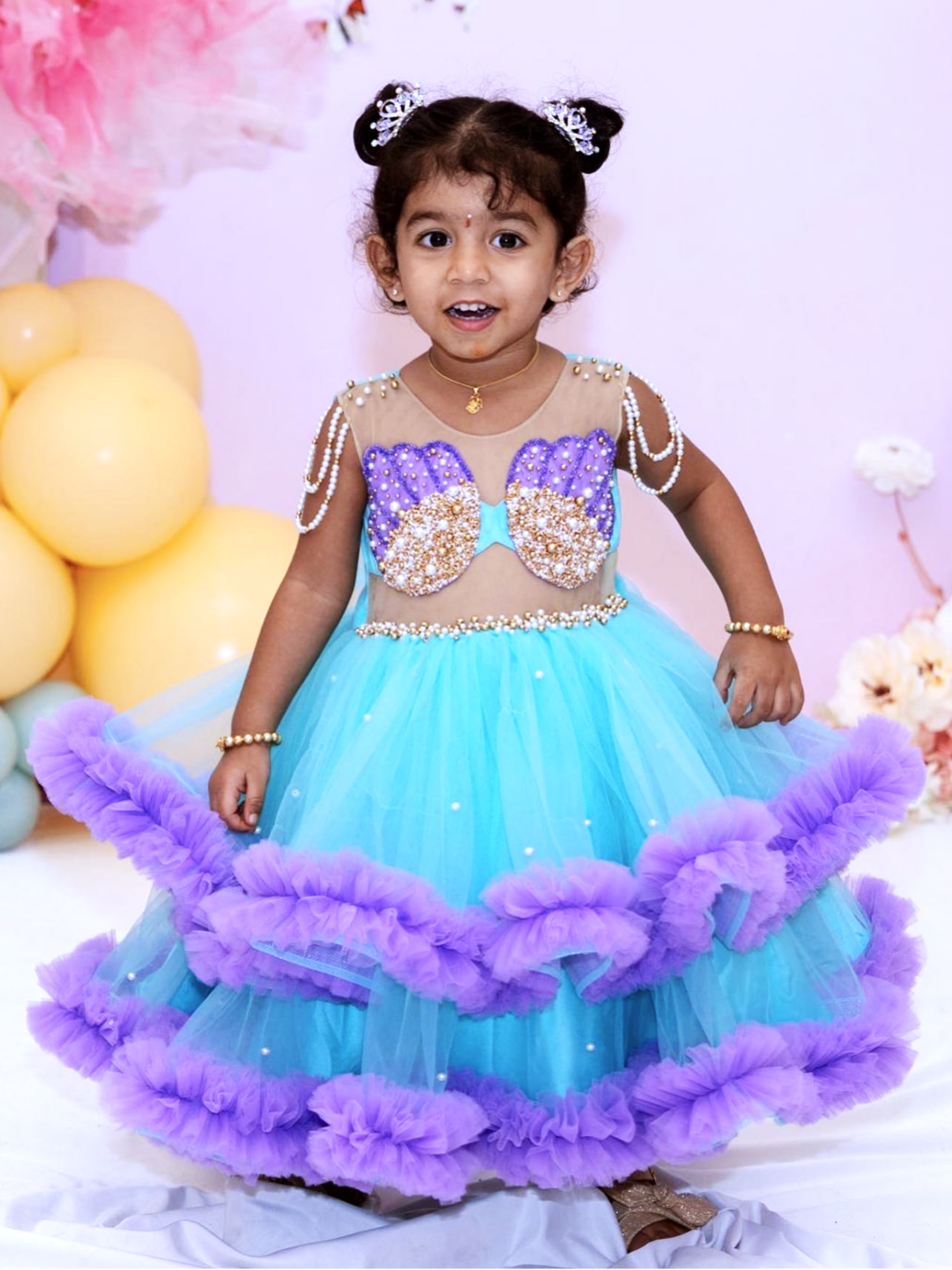 Turquoise And Lavender Mermaid Gown With Ruffle Layers