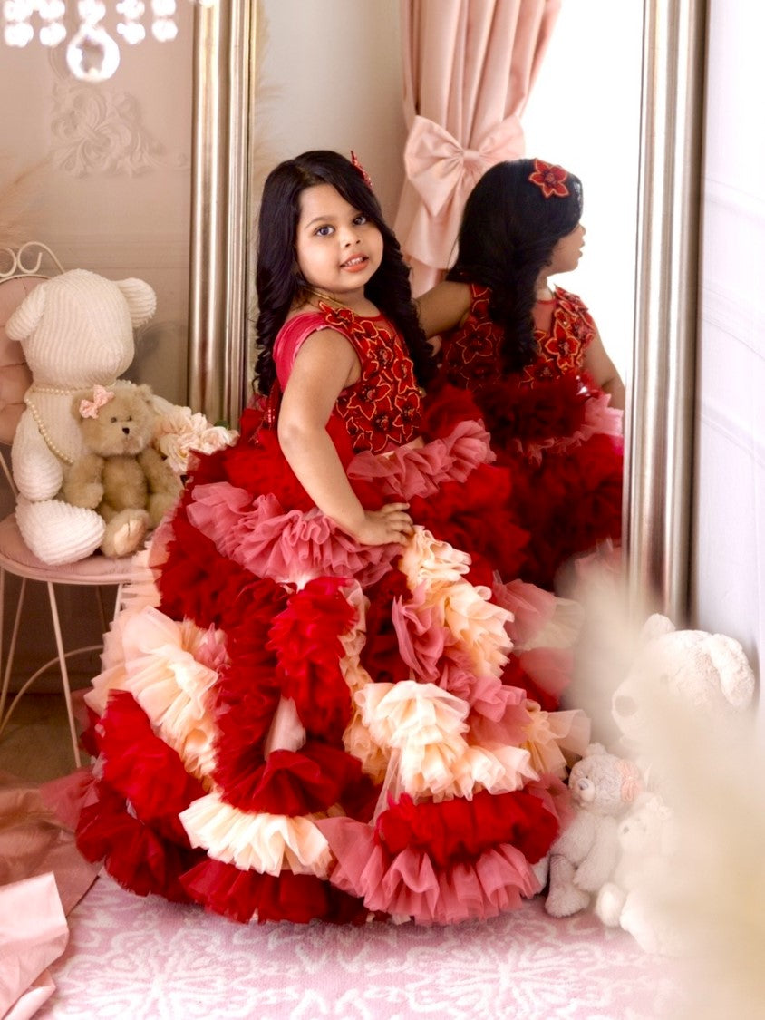 Red Velvet Petal Ruffle Ball Gown