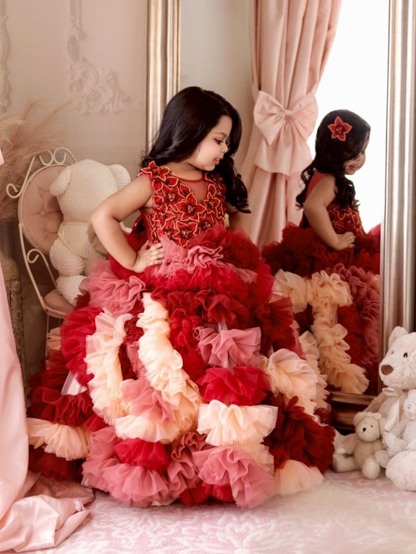 Red Velvet Petal Ruffle Ball Gown