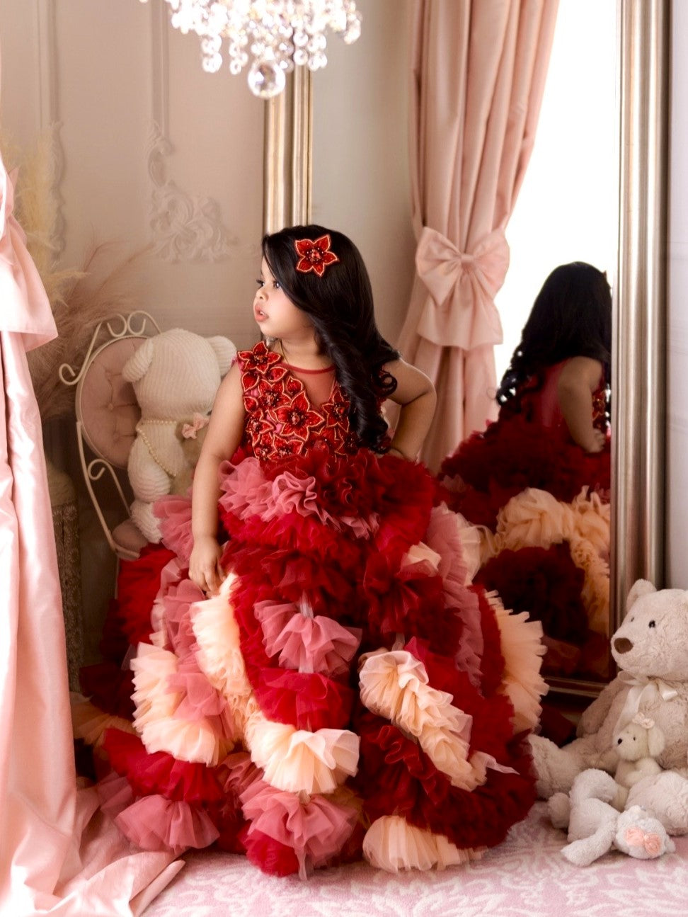 Red Velvet Petal Ruffle Ball Gown