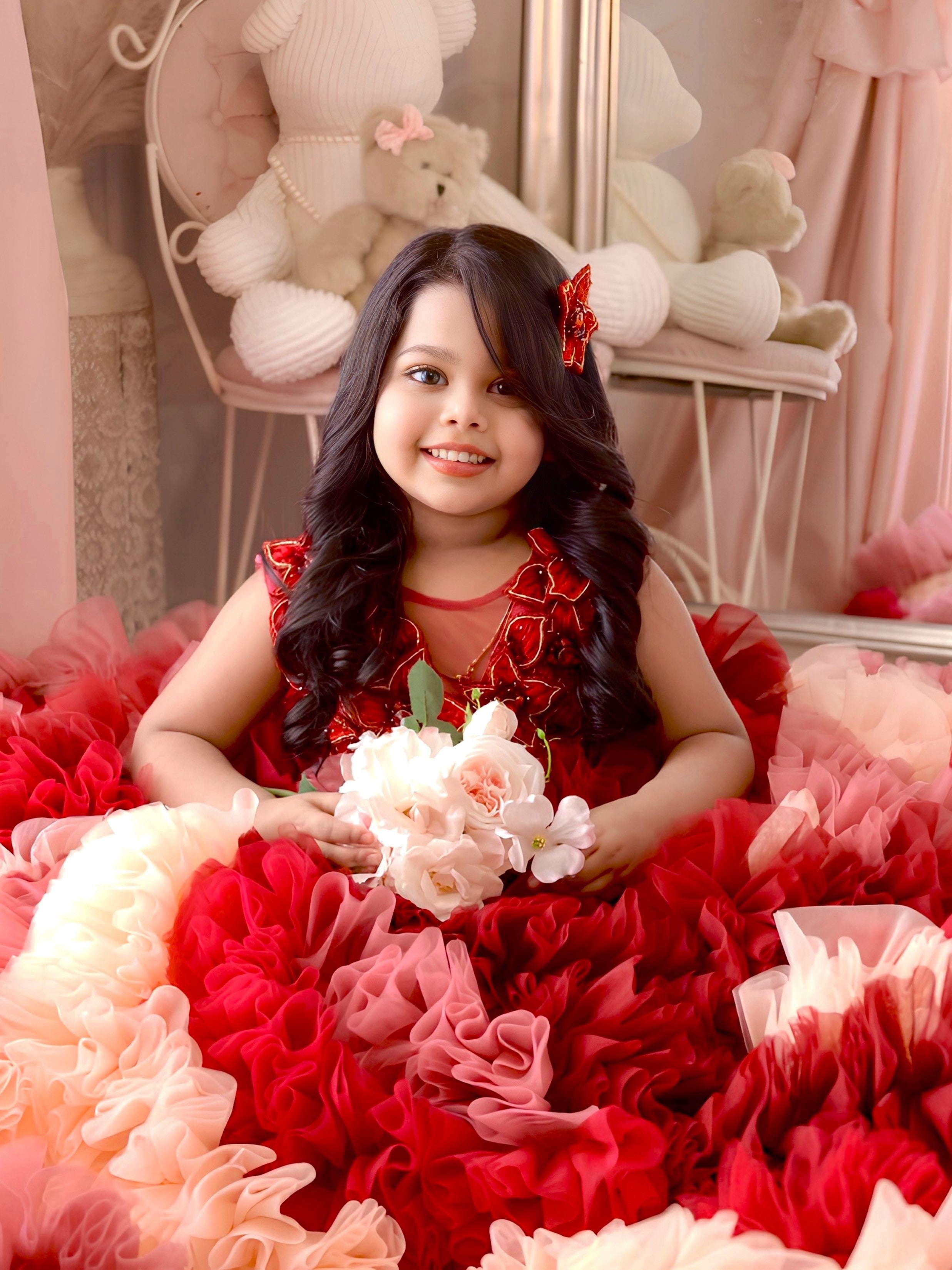 Red Velvet Petal Ruffle Ball Gown