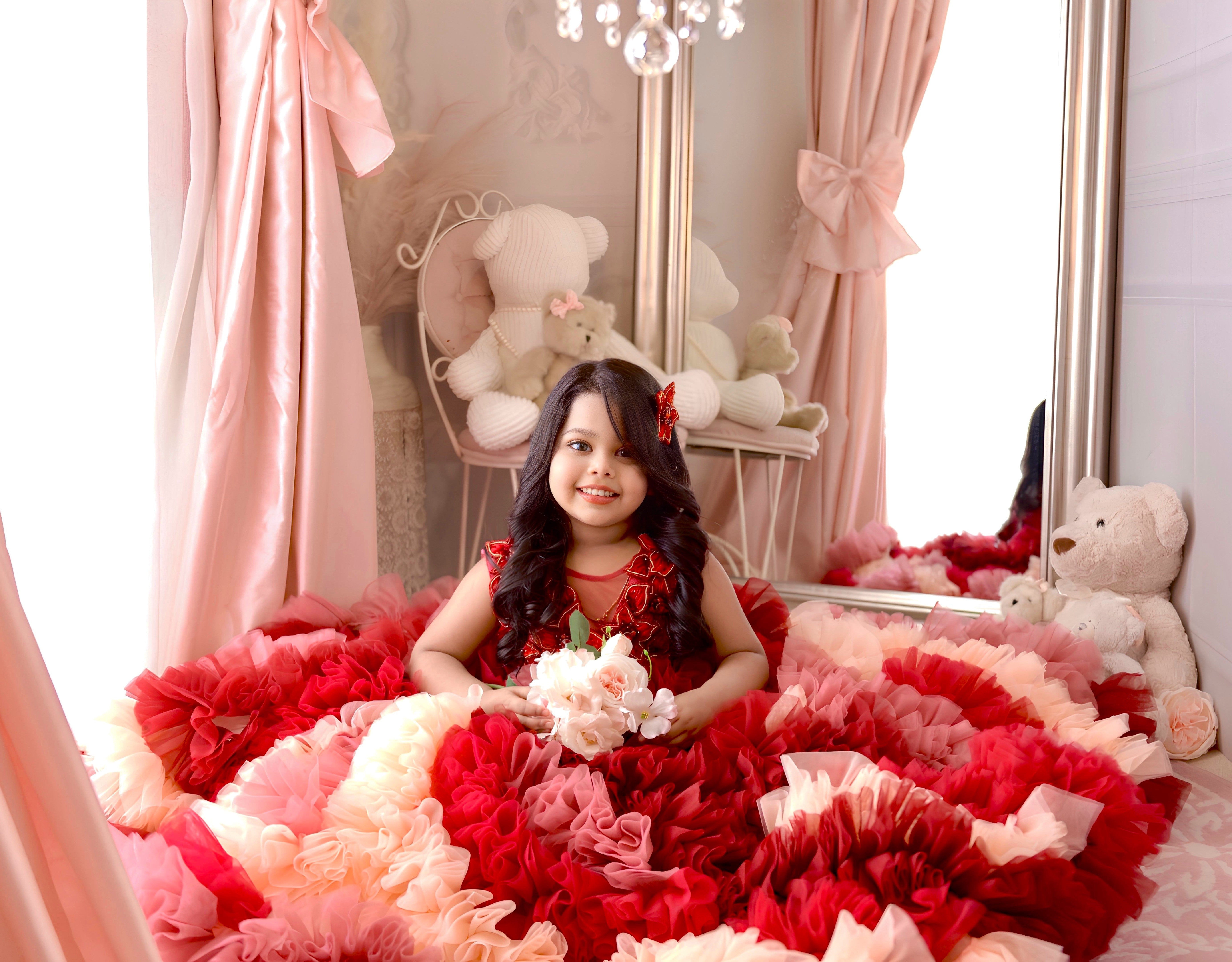Red Velvet Petal Ruffle Ball Gown