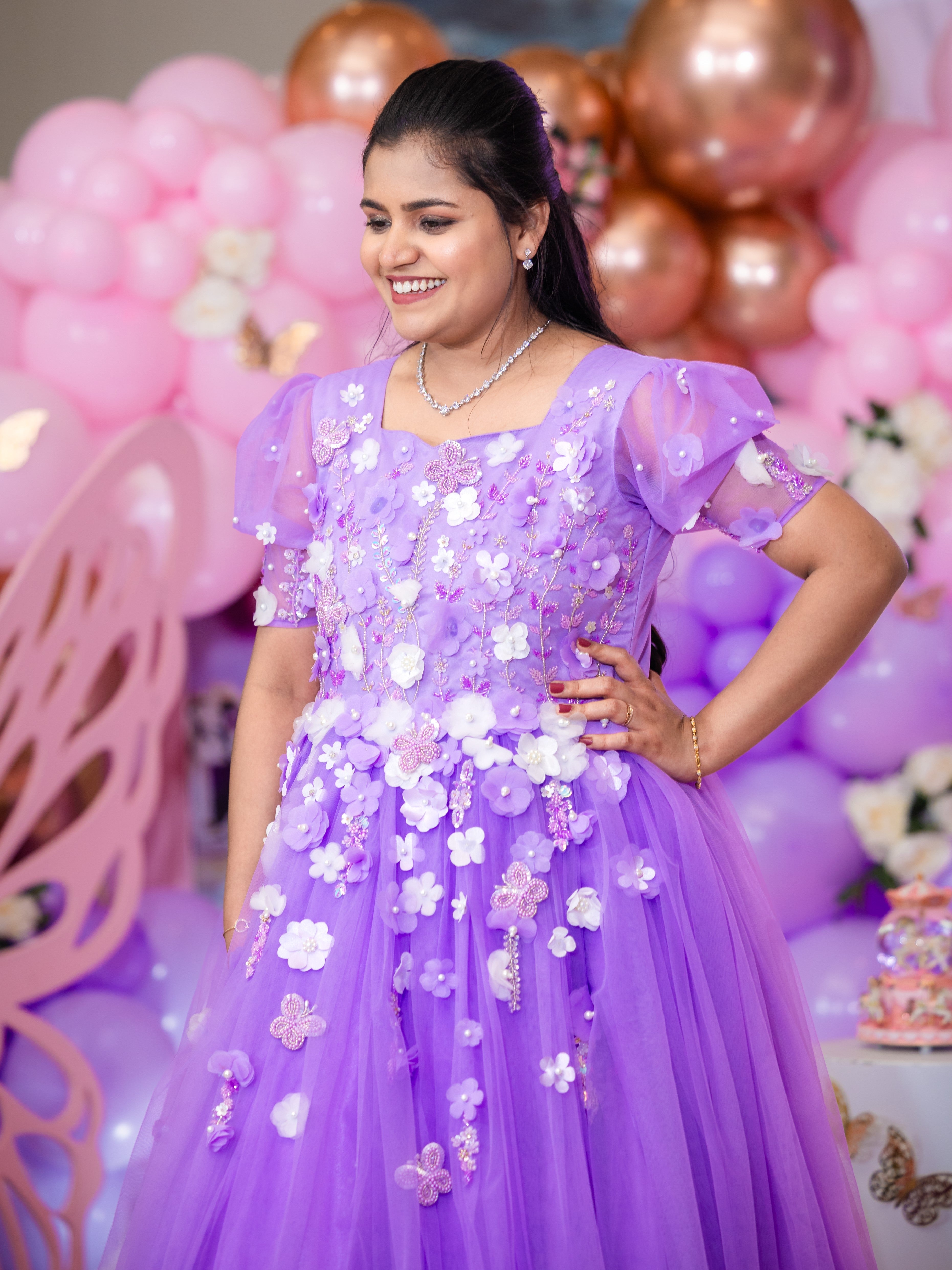 Lavender Floral Ball Gown with Intricate Hand work