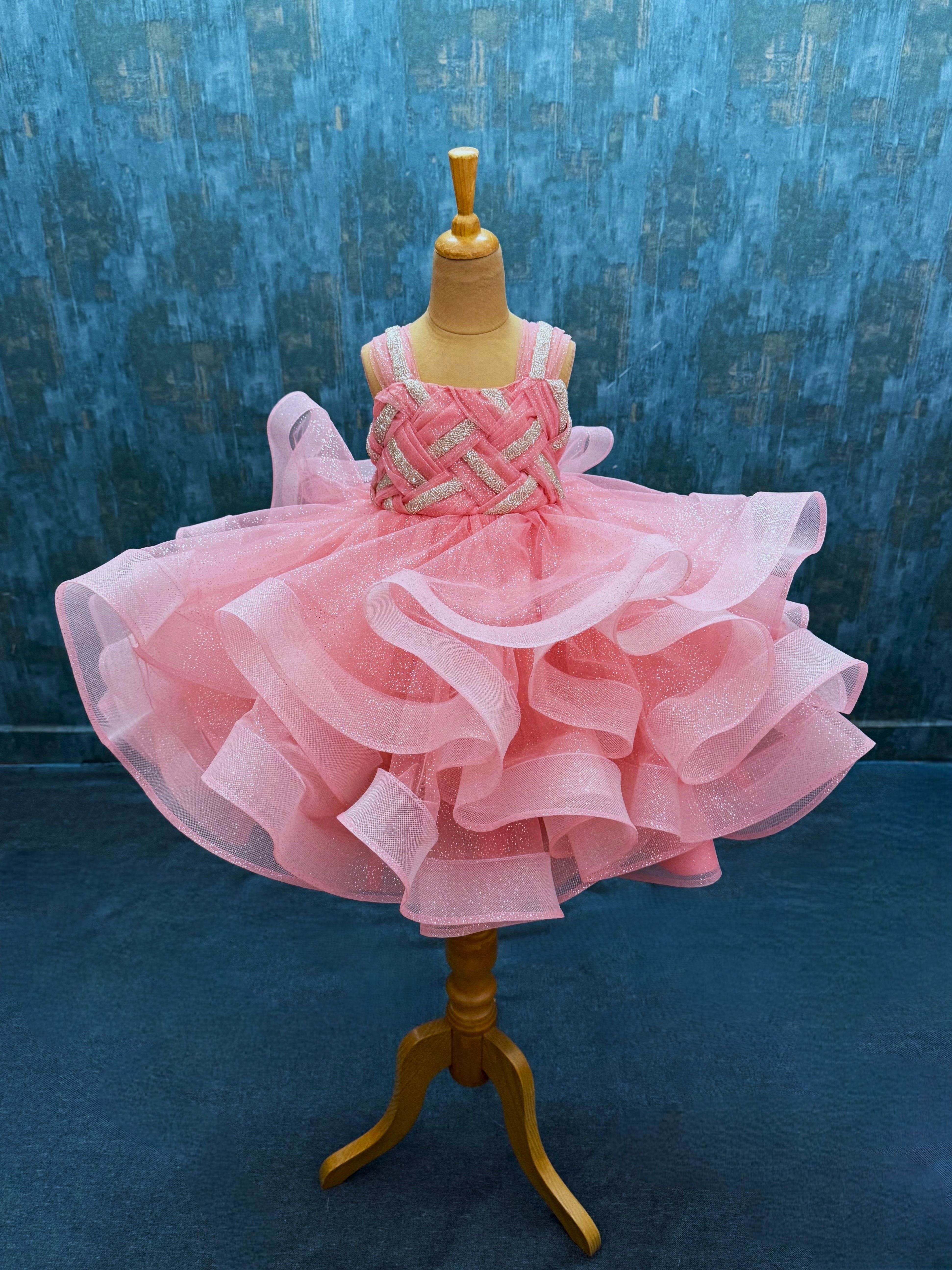 Peach Glittery Ball Gown with Silver Draped Top