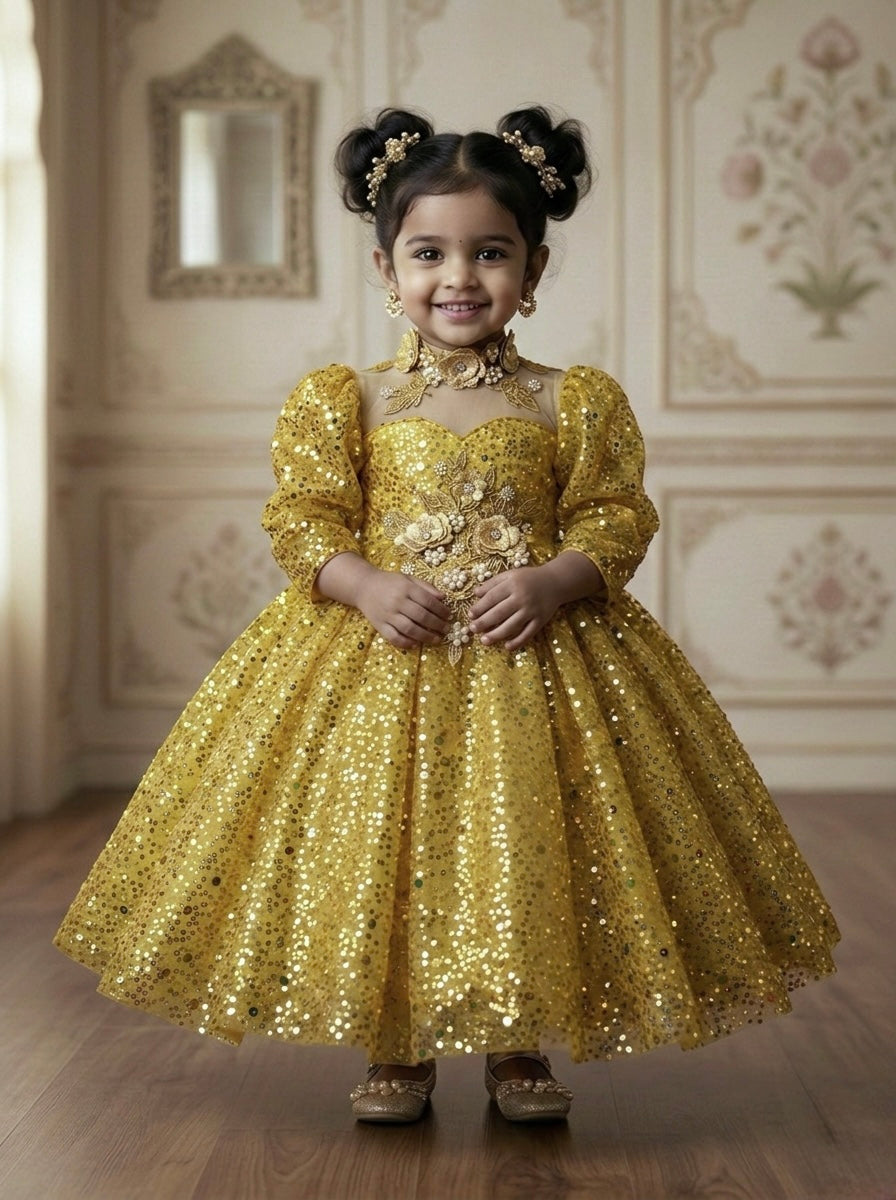 Kids Birthday Frocks Online, Girls’ Gold Princess Dress