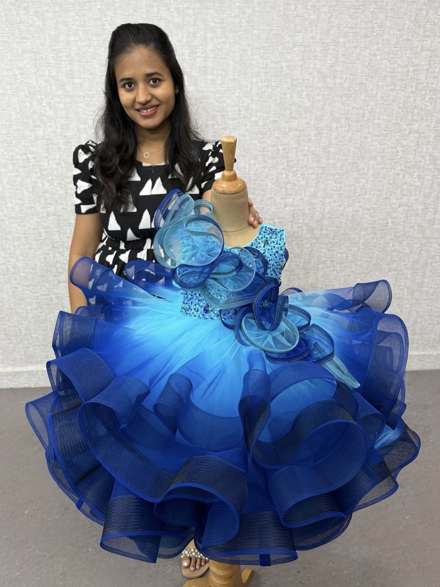 Royal Sapphire Cascade Crystal Ruffle Princess Designer Ball Gown