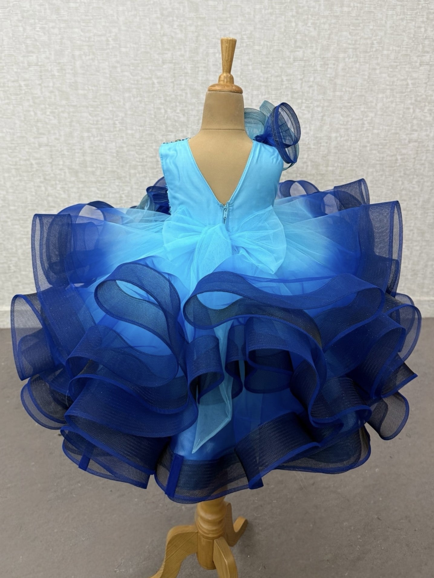 Royal Sapphire Cascade Crystal Ruffle Princess Designer Ball Gown