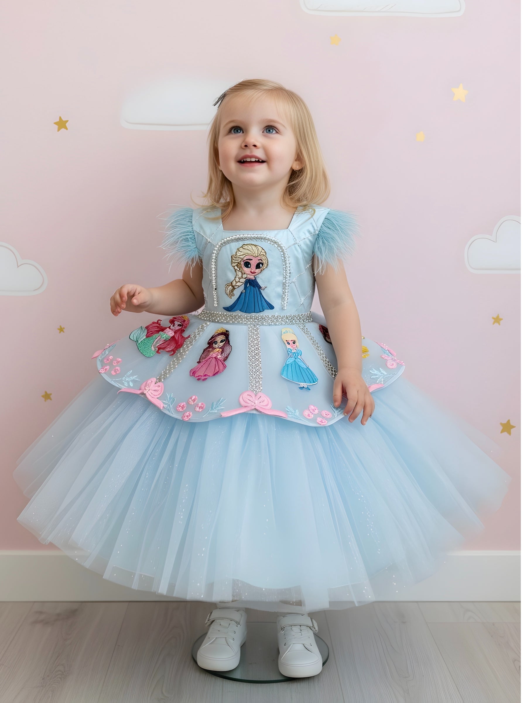 Icy Blue Fairy tale Princess Dream Feather-Trim Designer Ball Gown
