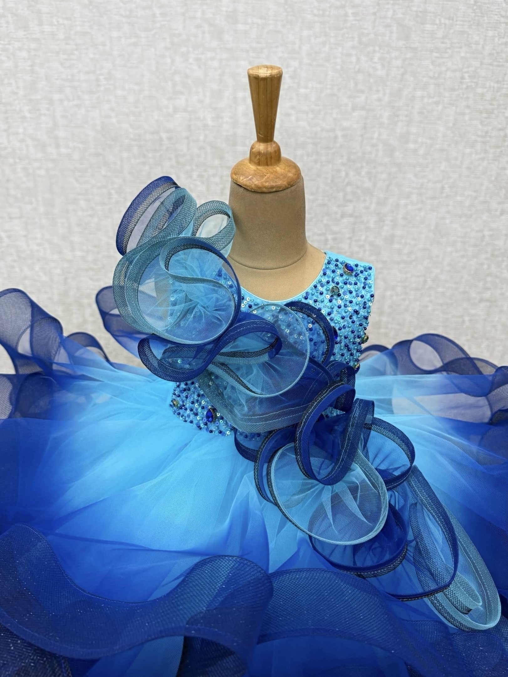 Royal Sapphire Cascade Crystal Ruffle Princess Designer Ball Gown