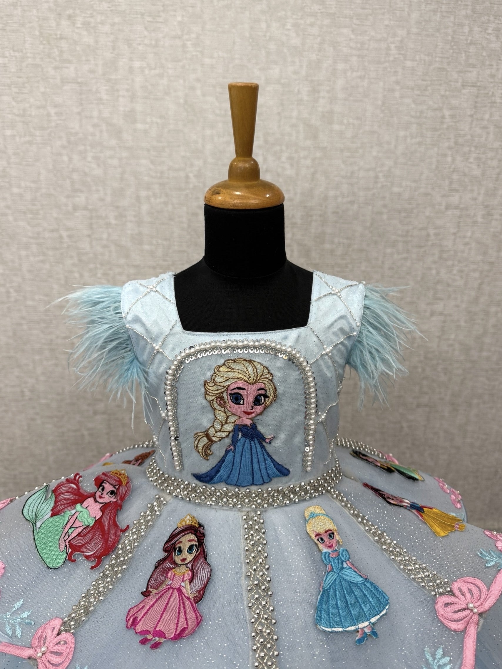 Icy Blue Fairy tale Princess Dream Feather-Trim Designer Ball Gown