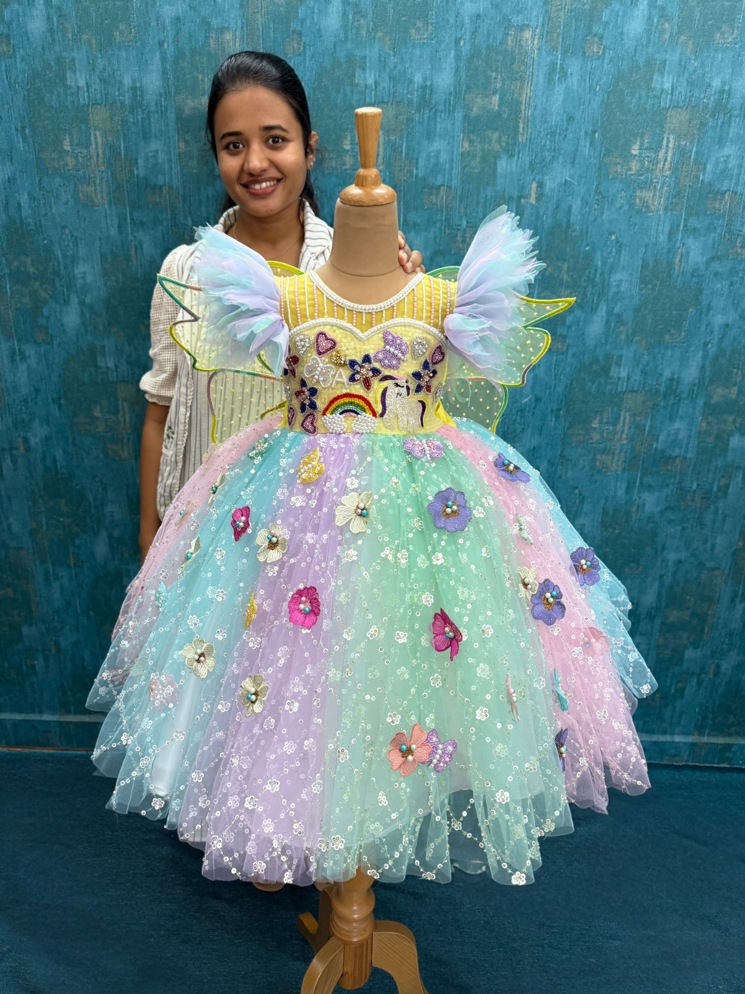 Rainbow Butterfly Sequin Ball gown with characters