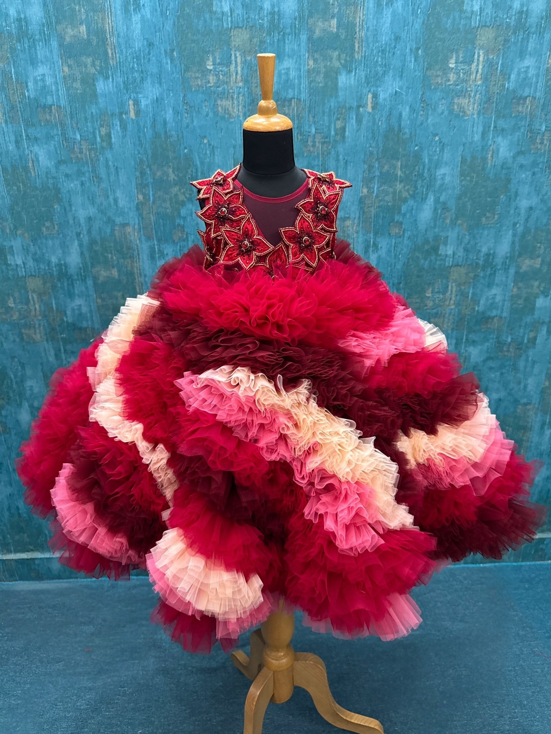 Red Velvet Petal Ruffle Ball Gown