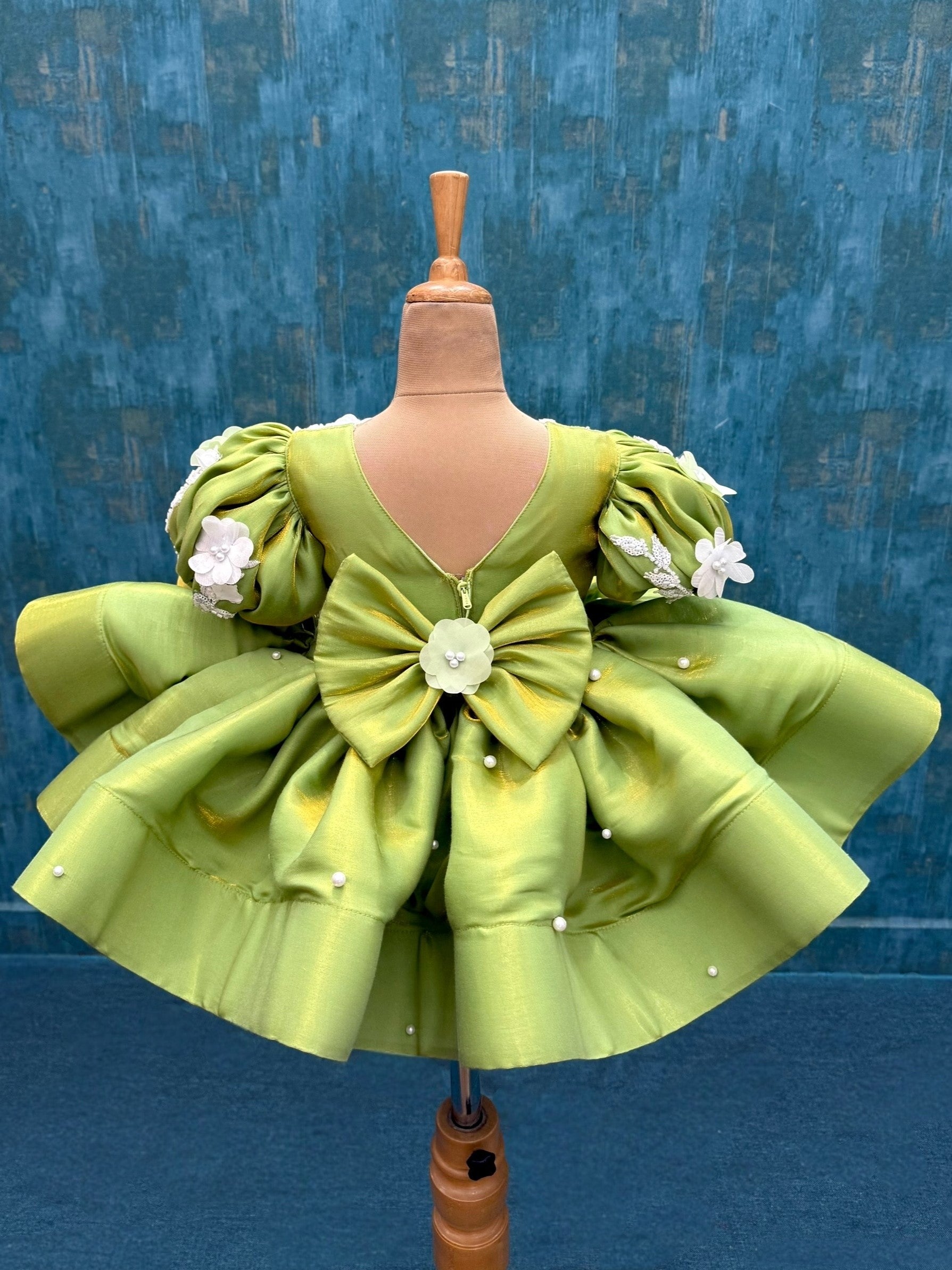 Floral green layer gown with puff sleeves