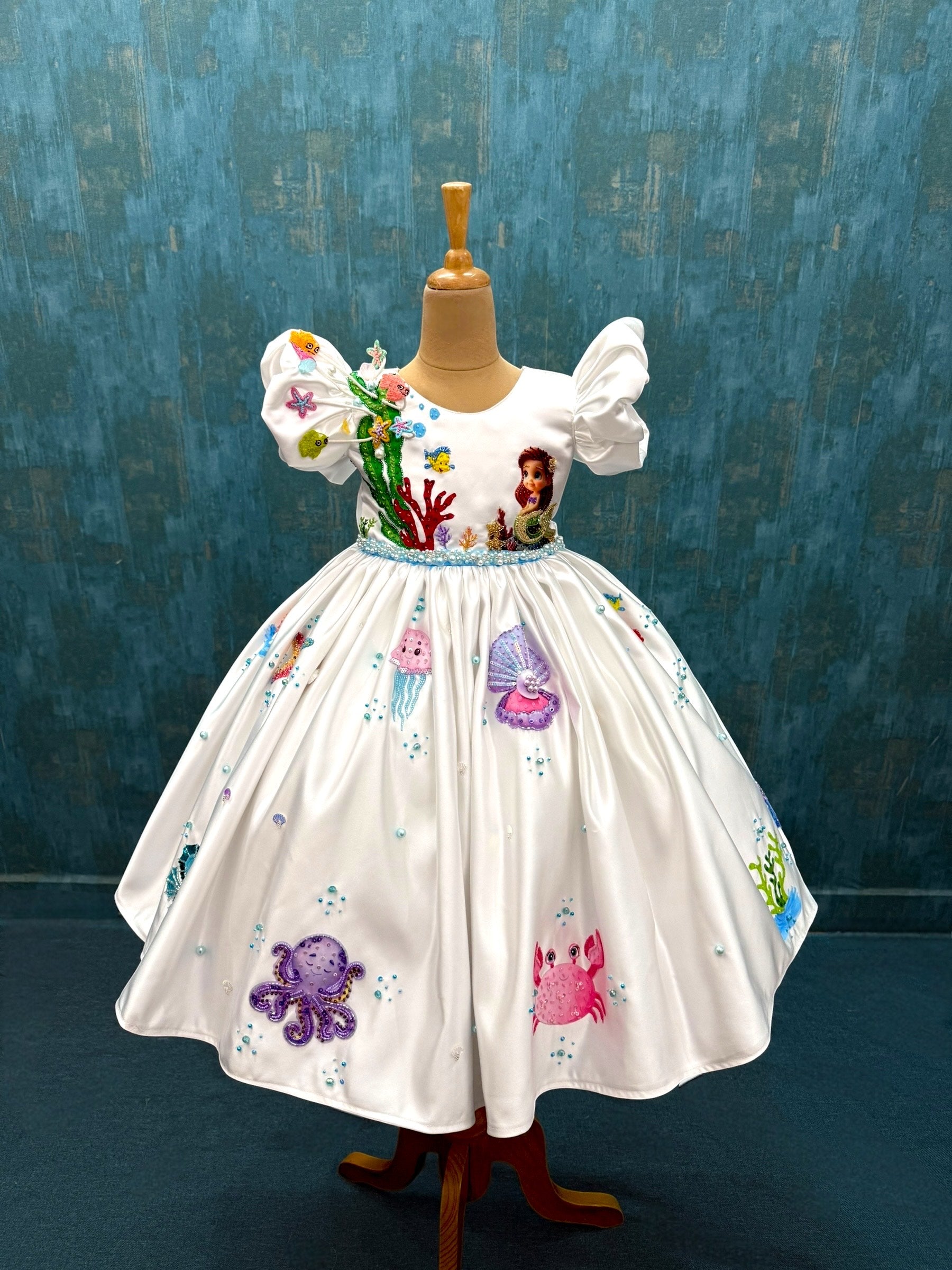 3D MERMAID BALL GOWN WITH HAND EMBROIDERED CHARACTERS 2-3Y