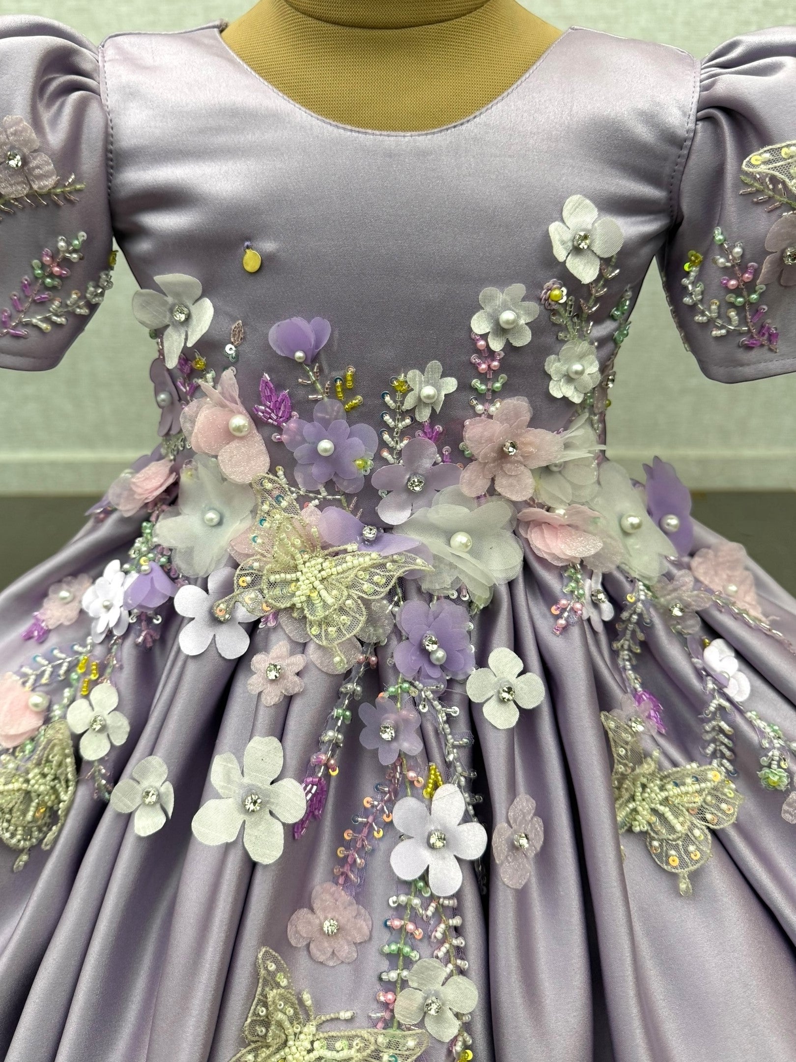 Lilac Butterfly and floral satin gown