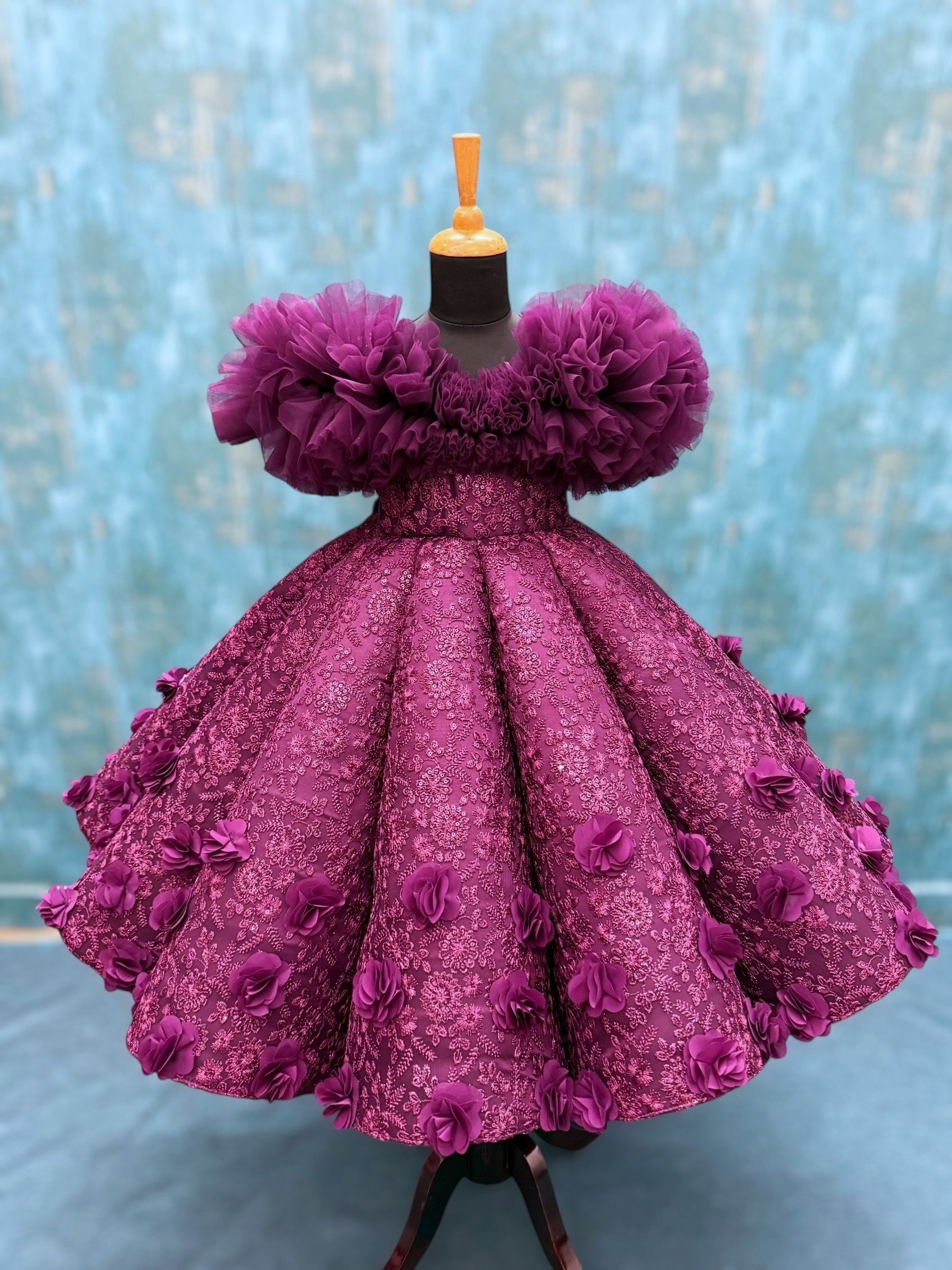 Wine Structure Panel Off Shoulder Gown With 3D Flowers