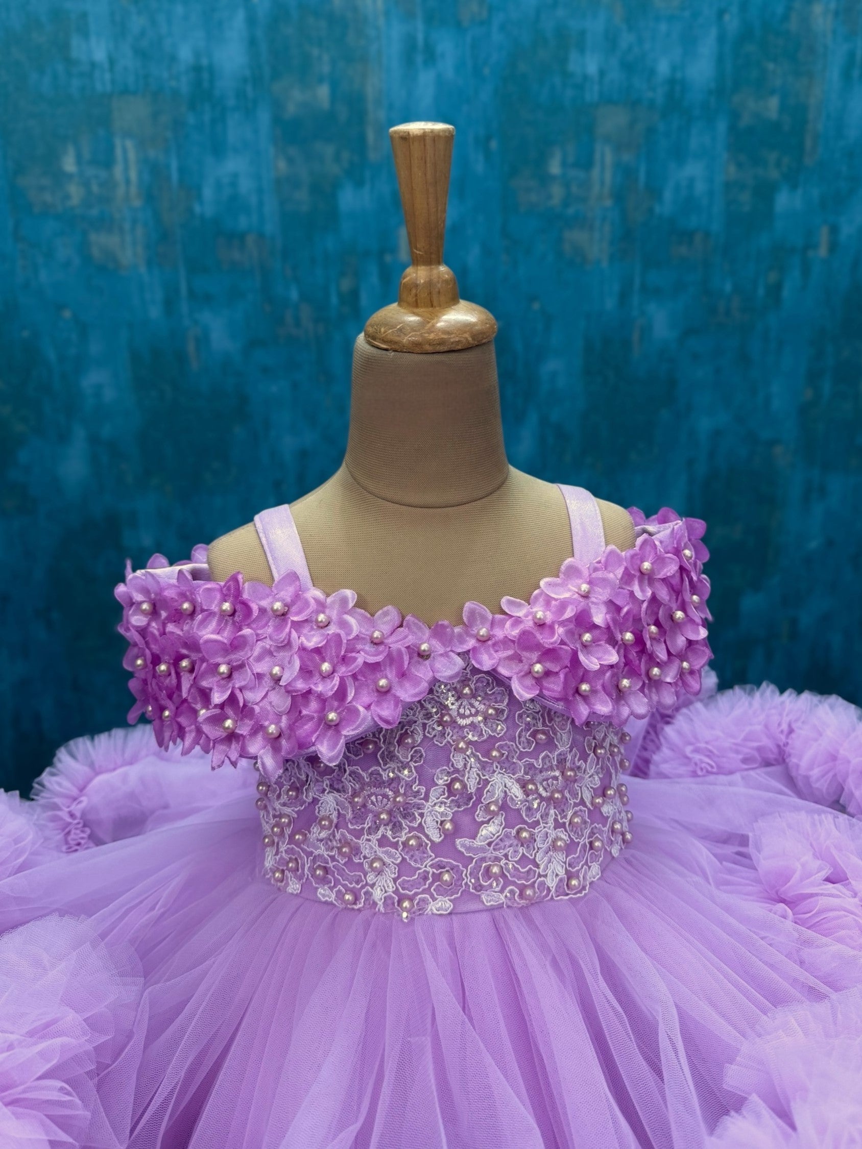 Lavender Cloud Gown with half shoulder floral top