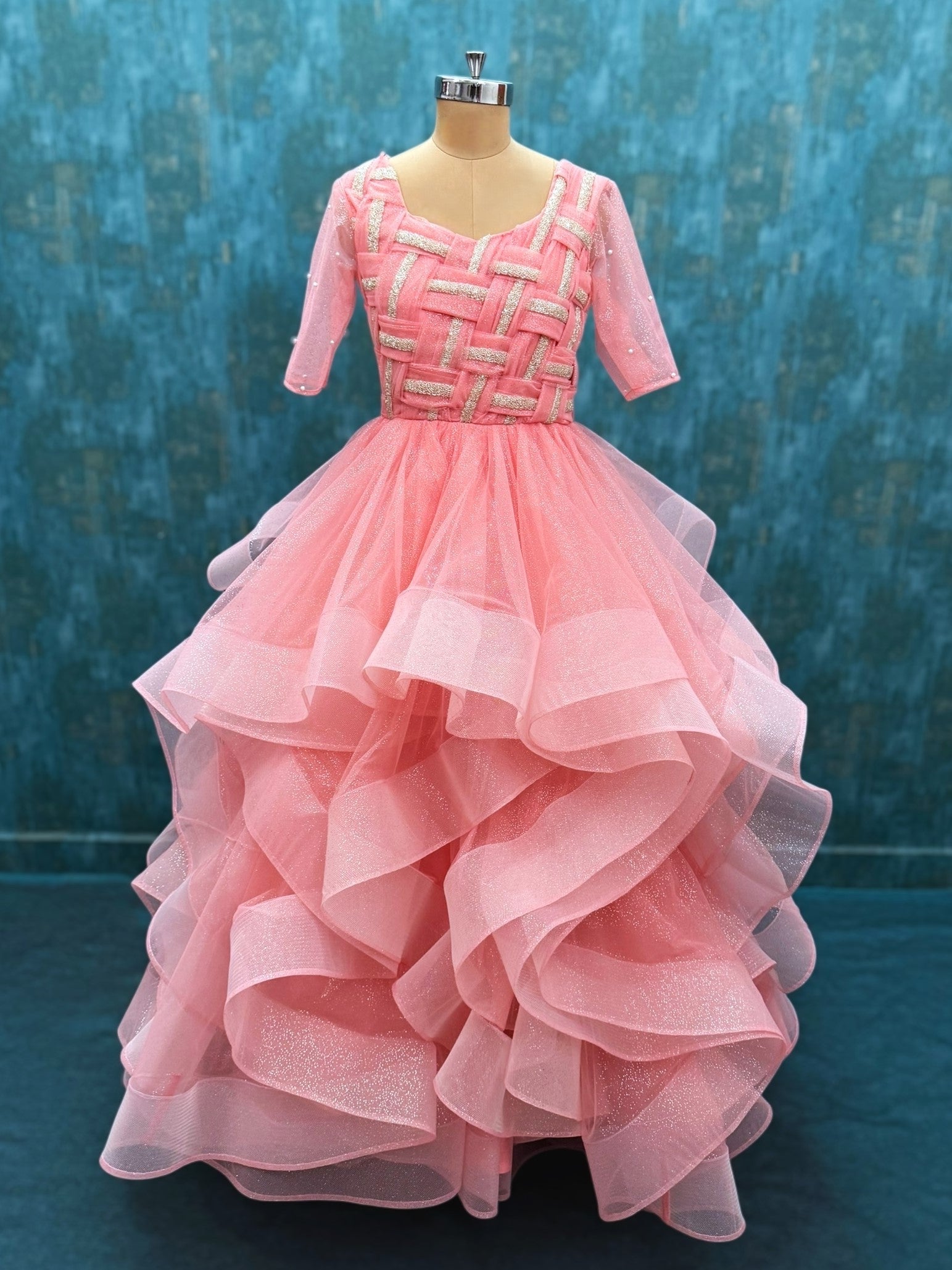 Peach Glitter Ruffle ball Gown with Draped Silver Hand neck