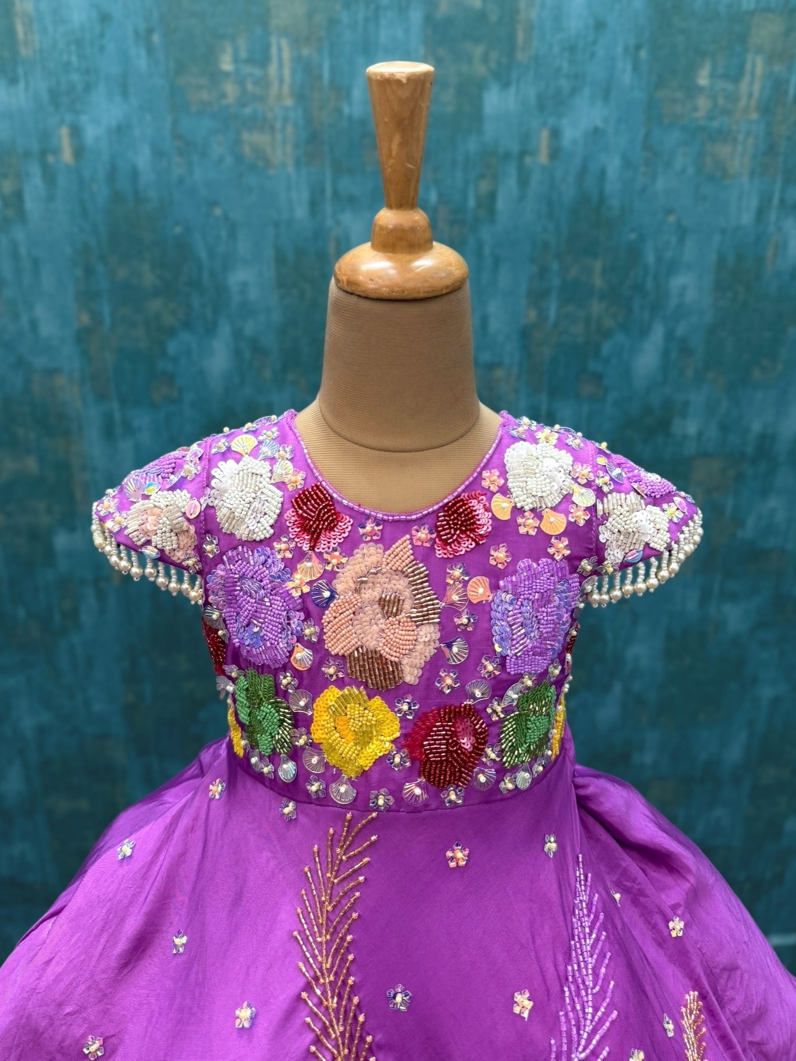 multicolour embroidered floral silk gown with cape sleeves