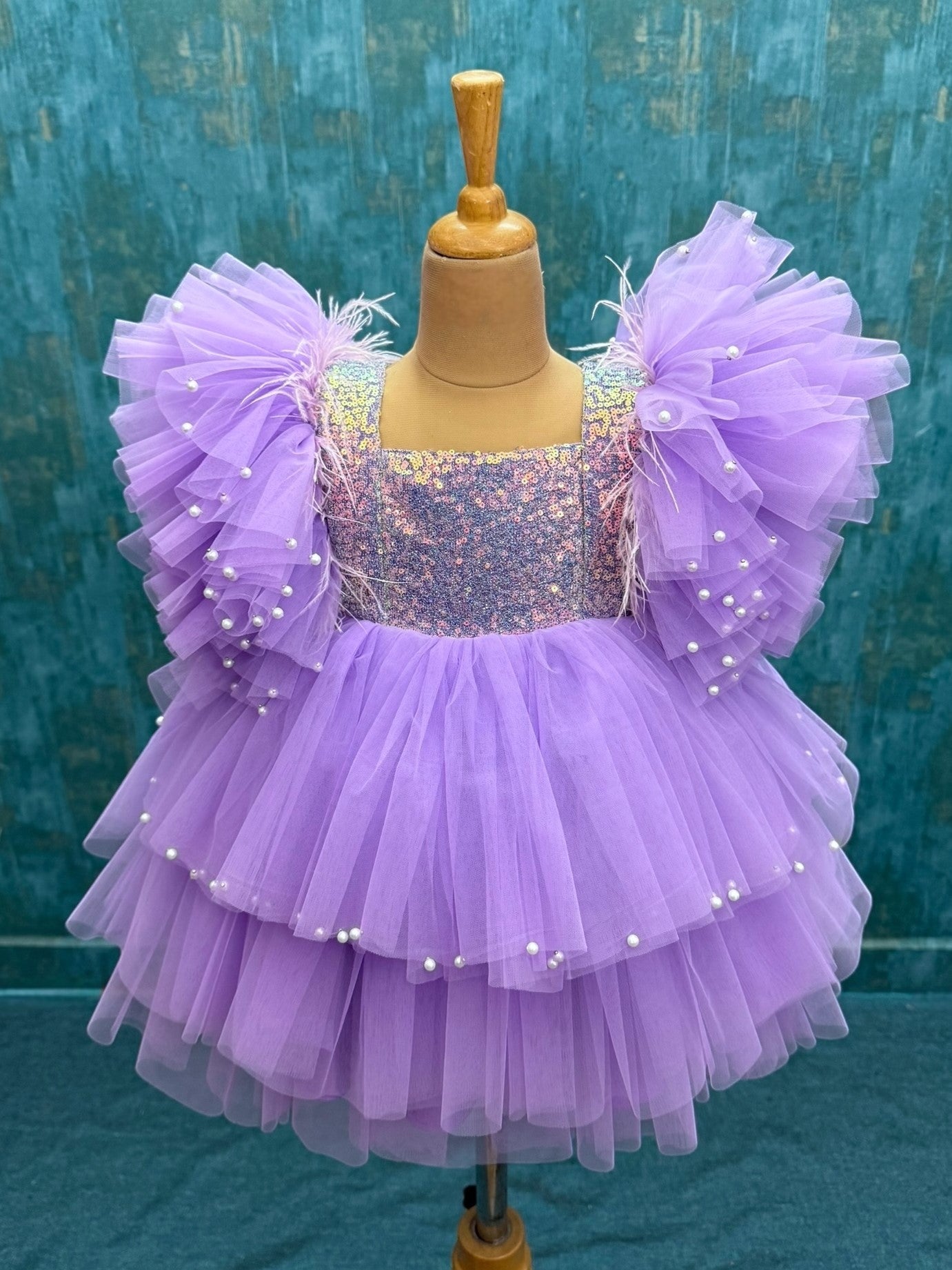 Frosted Lavender Grace Dress with fluffy beaded sleeves