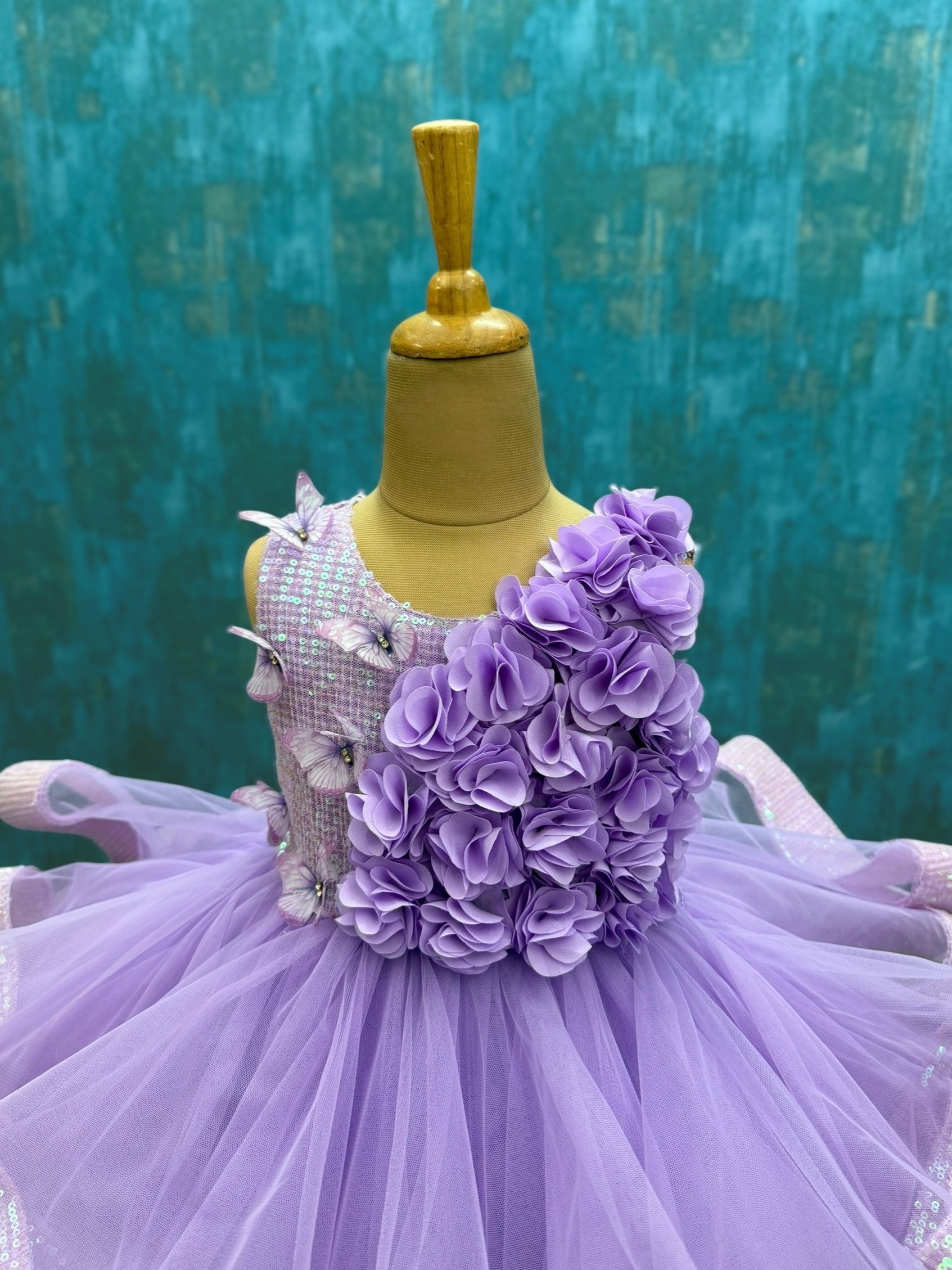 Lavender Butterfly sequence ruffle ball Gown with embossing flowers