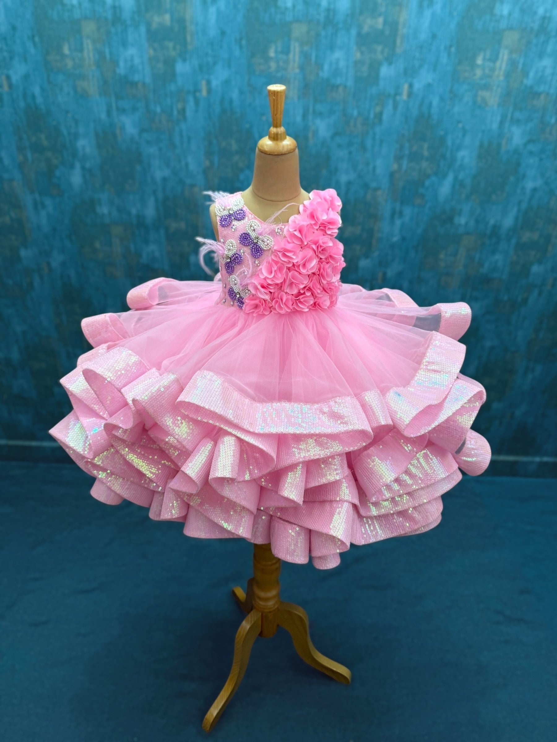 pink Butterfly sequence ruffle ball Gown with embossing flowers