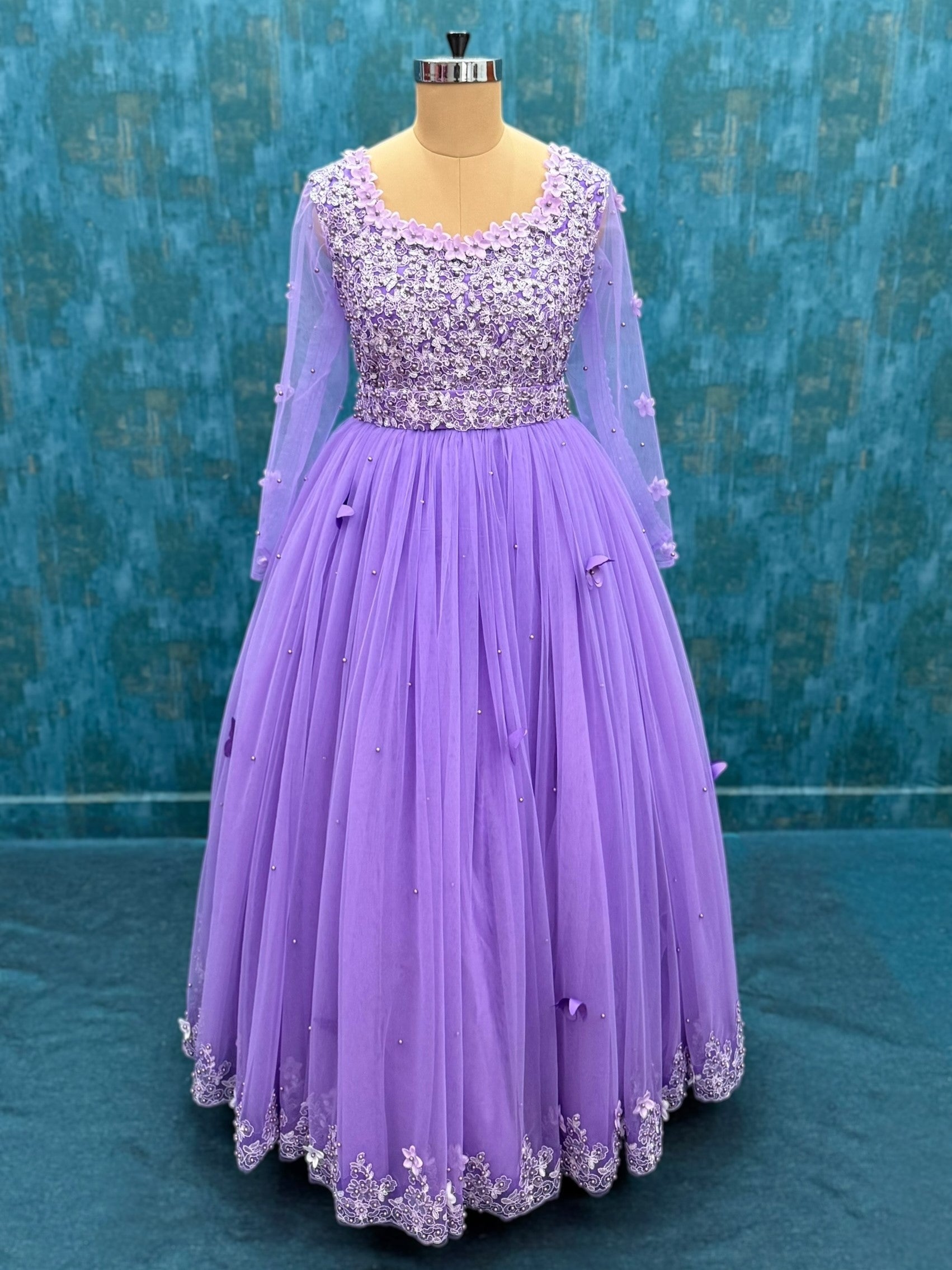 Royal Lilac Lace and Pearl work dress with flowers and butterflies