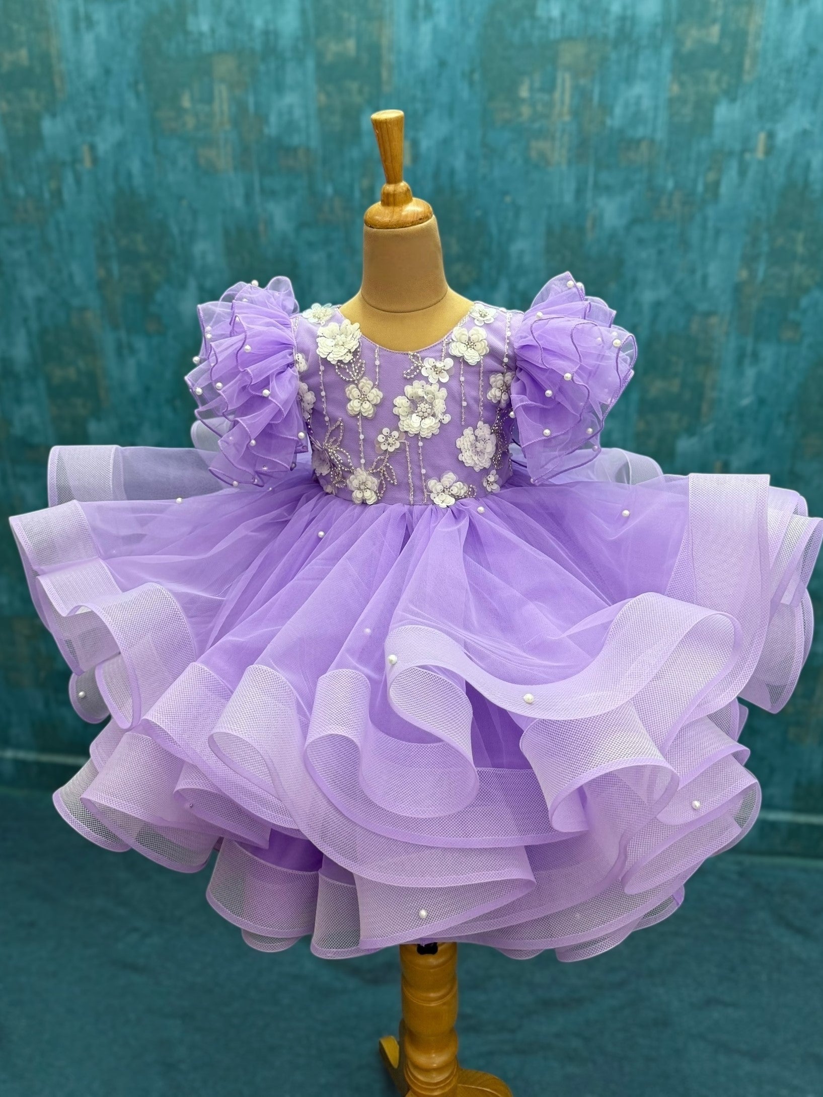 LAVENDER FLORAL PRINCESS RUFFLE GOWN WITH RUFFLE SLEEVES