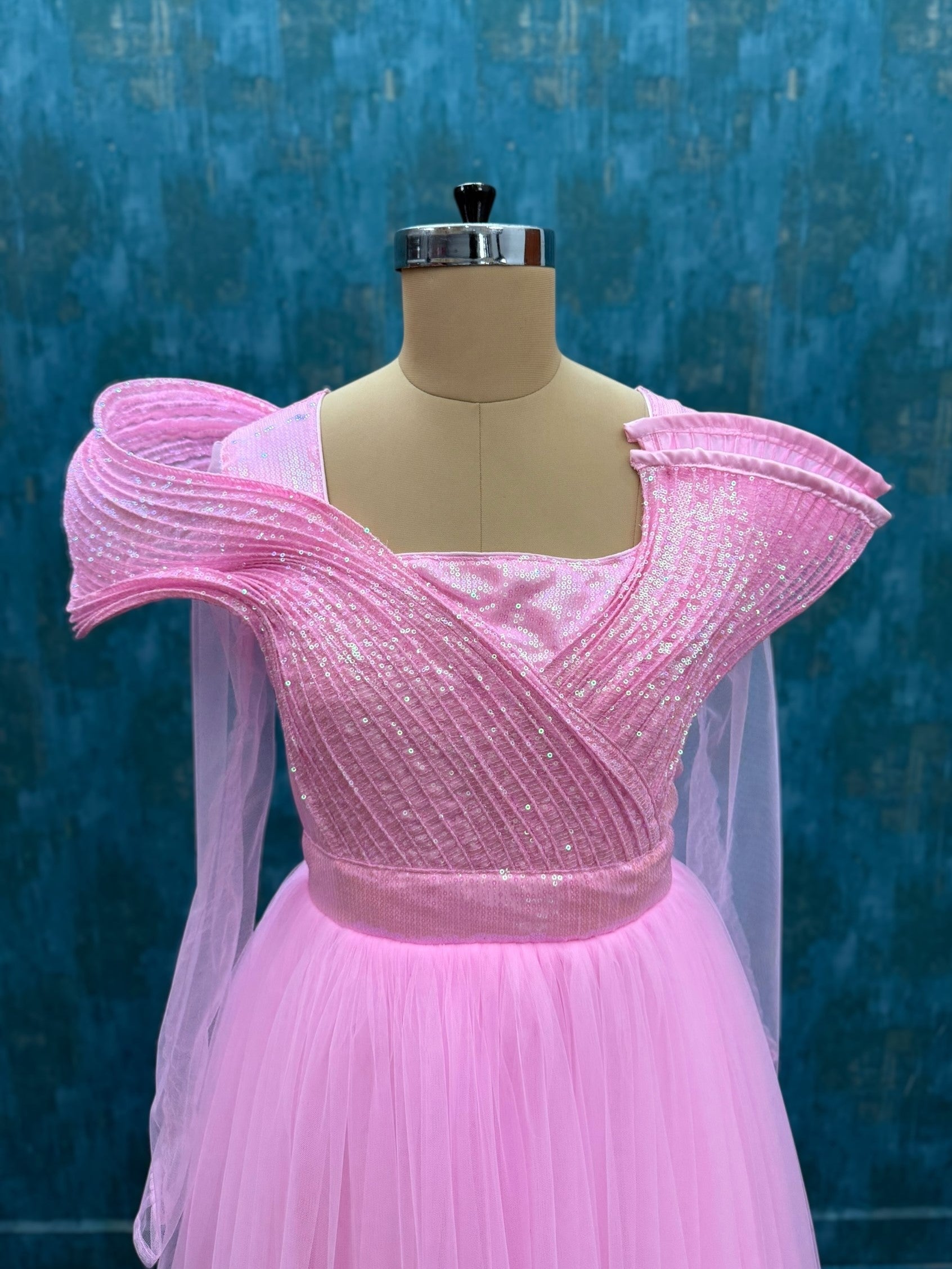 Pink Structured top tulle gown with transparent sleeves