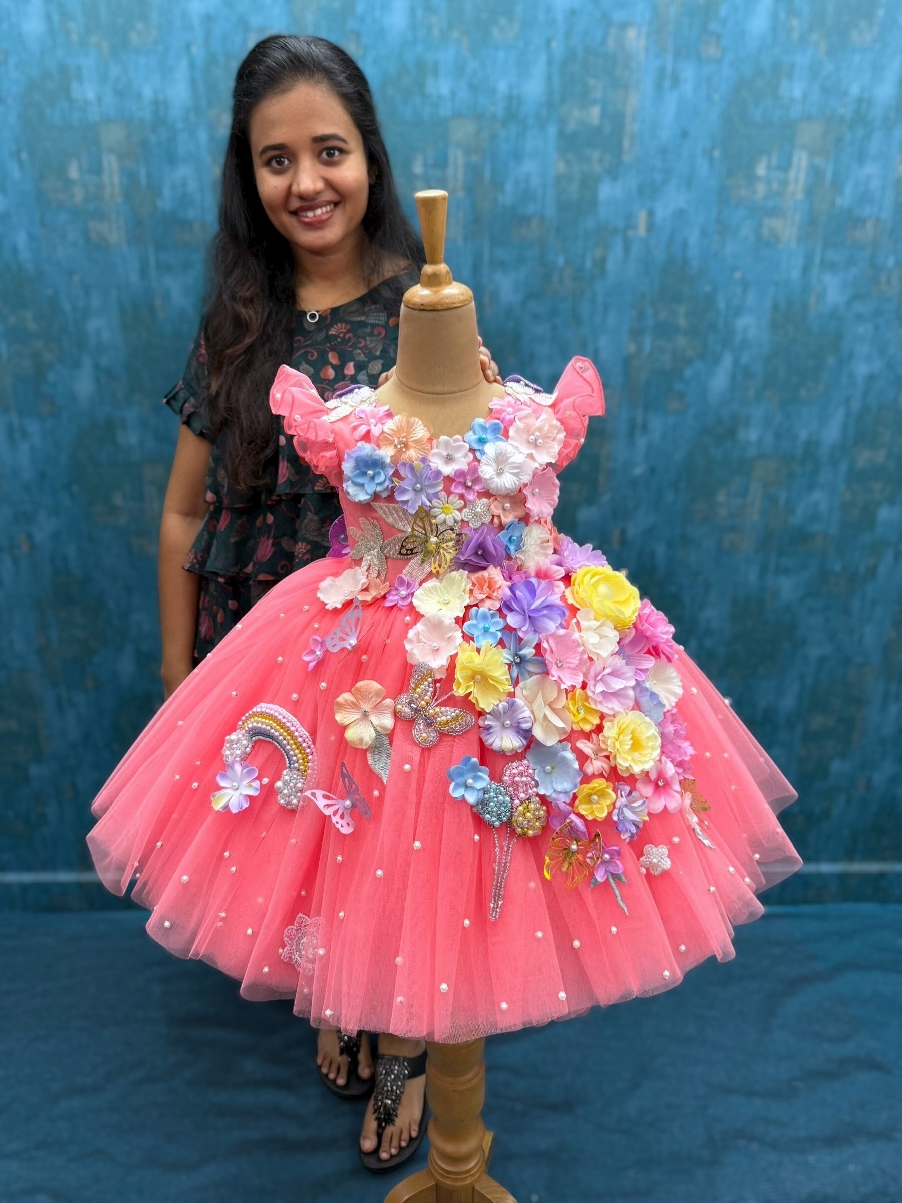 peach magical floral dress with intricate hand work