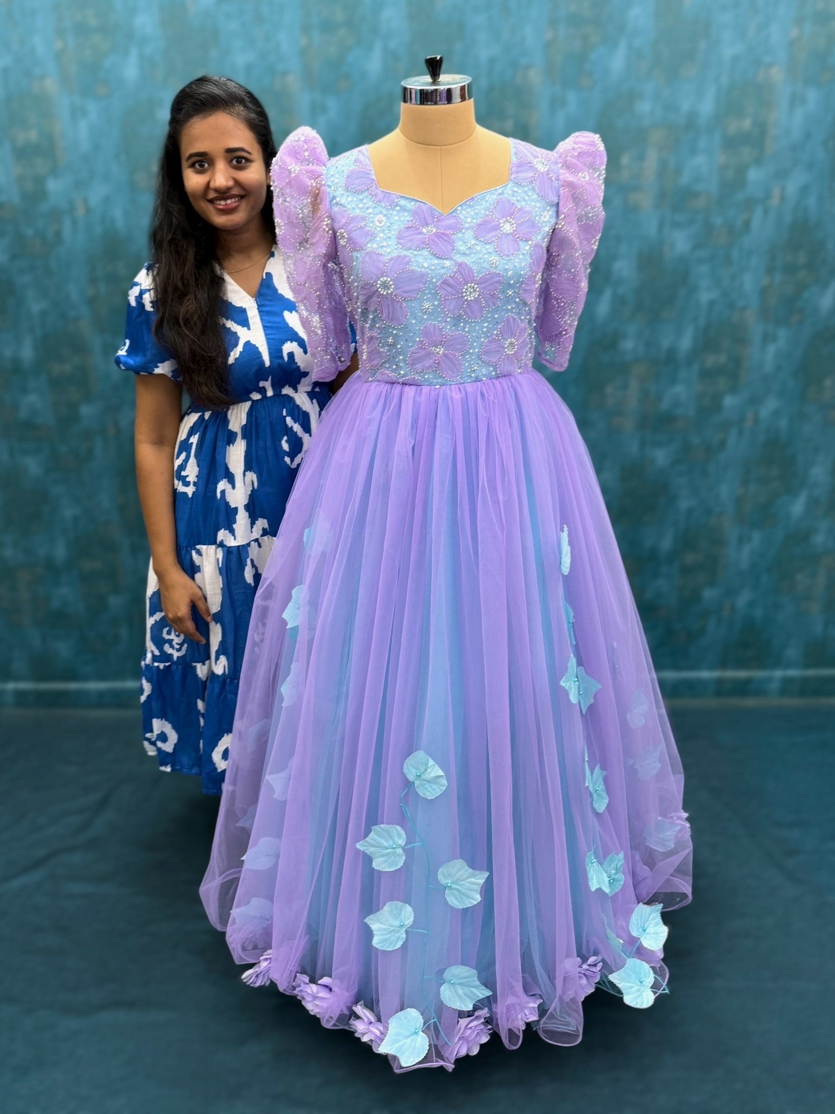 Blue and Lavender Floral Gown with Upper Puff sleeves