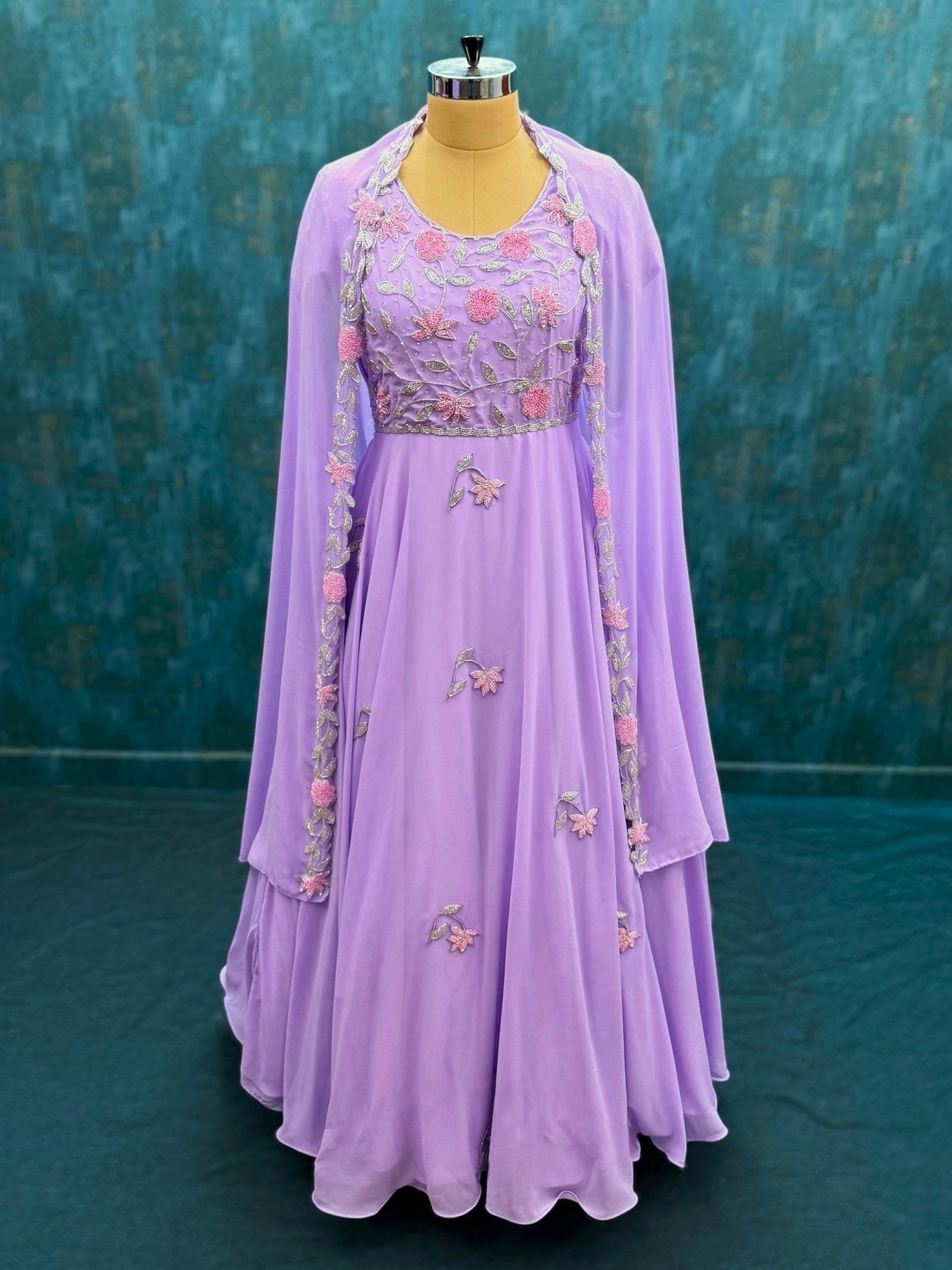 Lilac Hand Embroidery Floral Gown With Dupatta