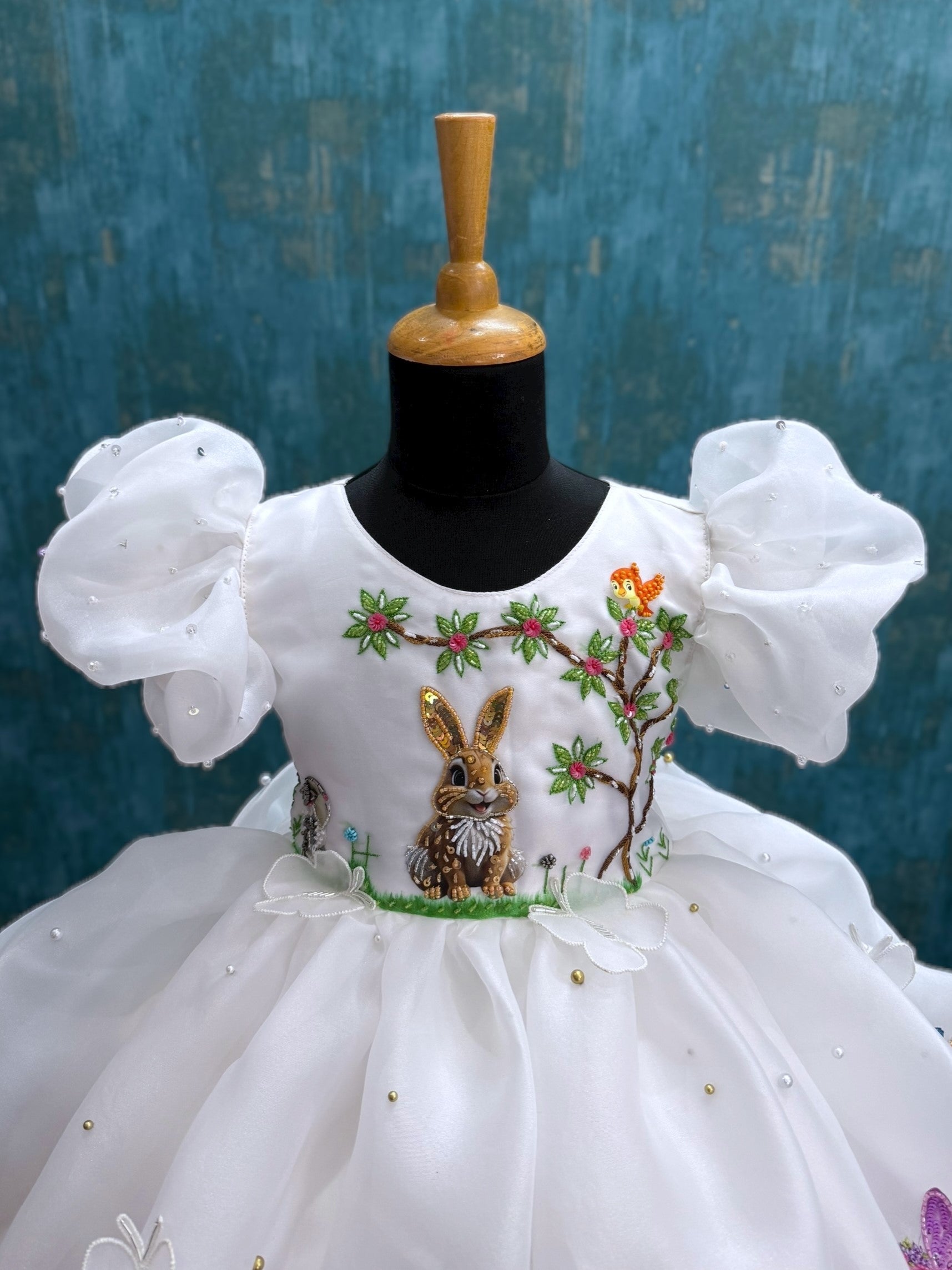 garden theme bunny white organza gown